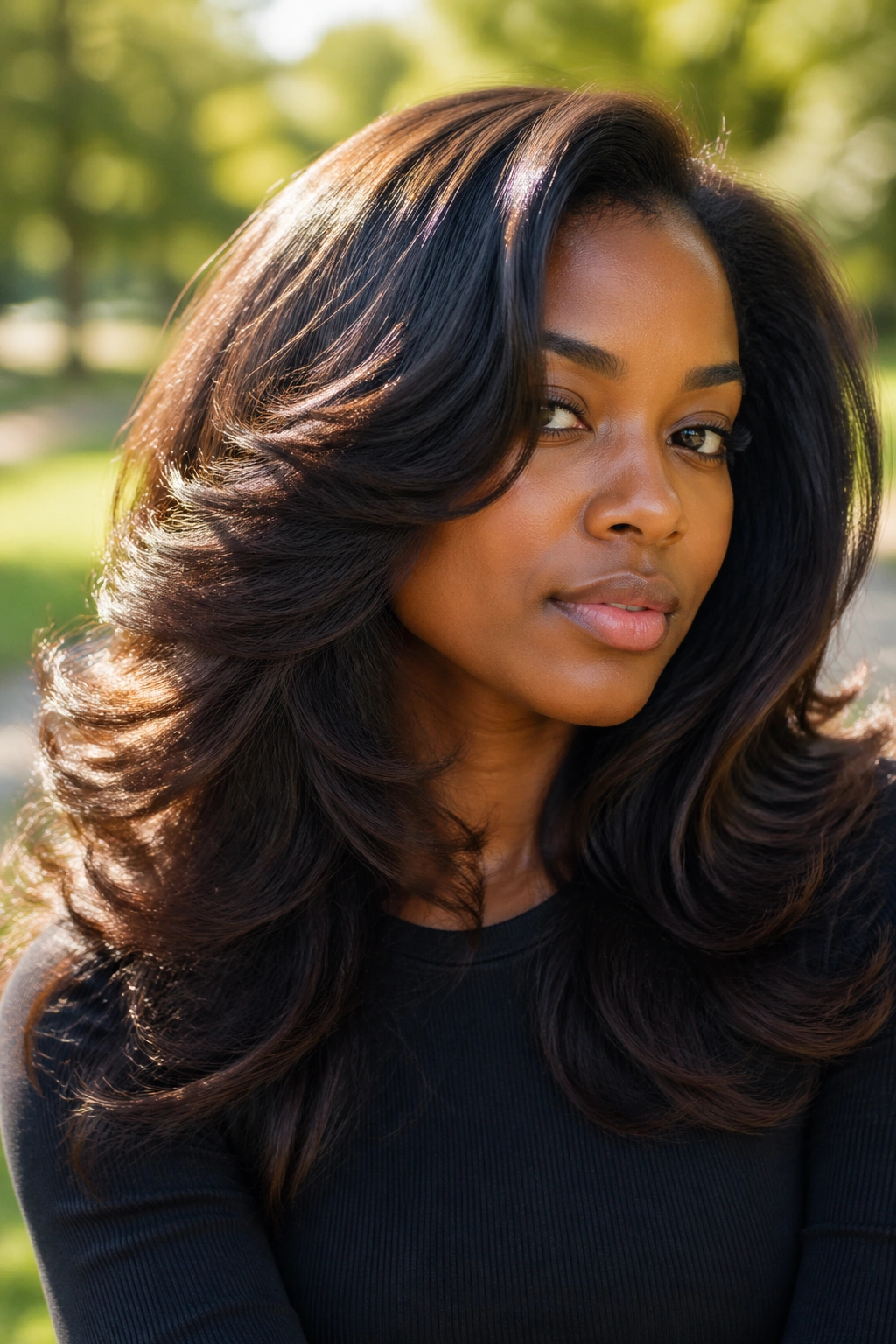 Close-up of a real woman with a feathered blowout silhouette.