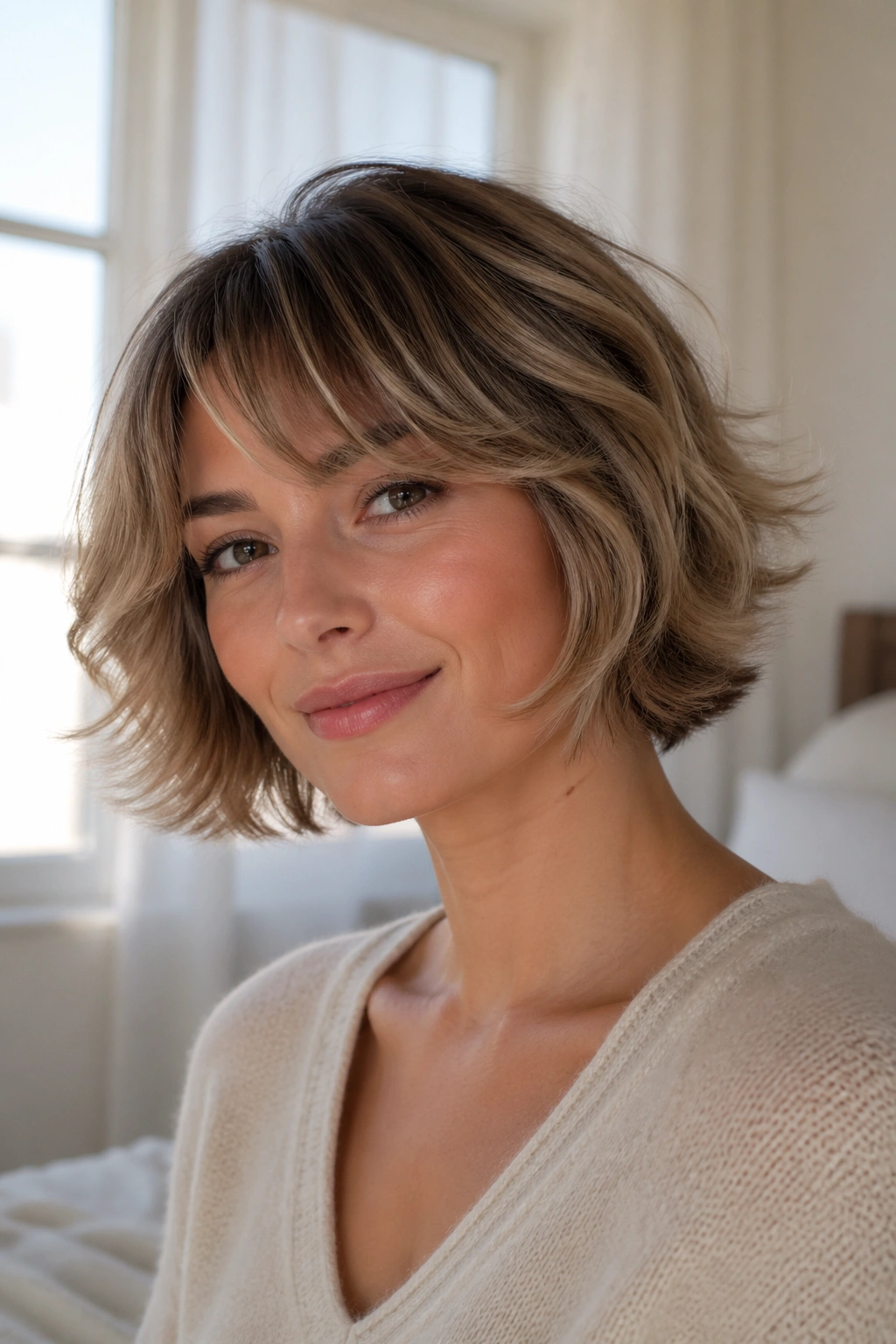 Close-up of real woman with feathered bob in soft daylight