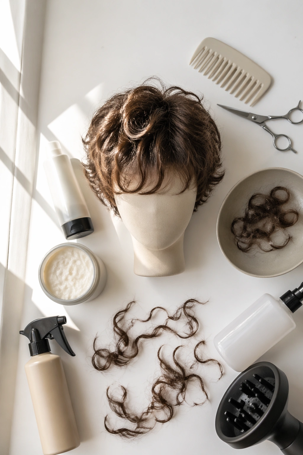 Feathered crop flat lay with hair pieces