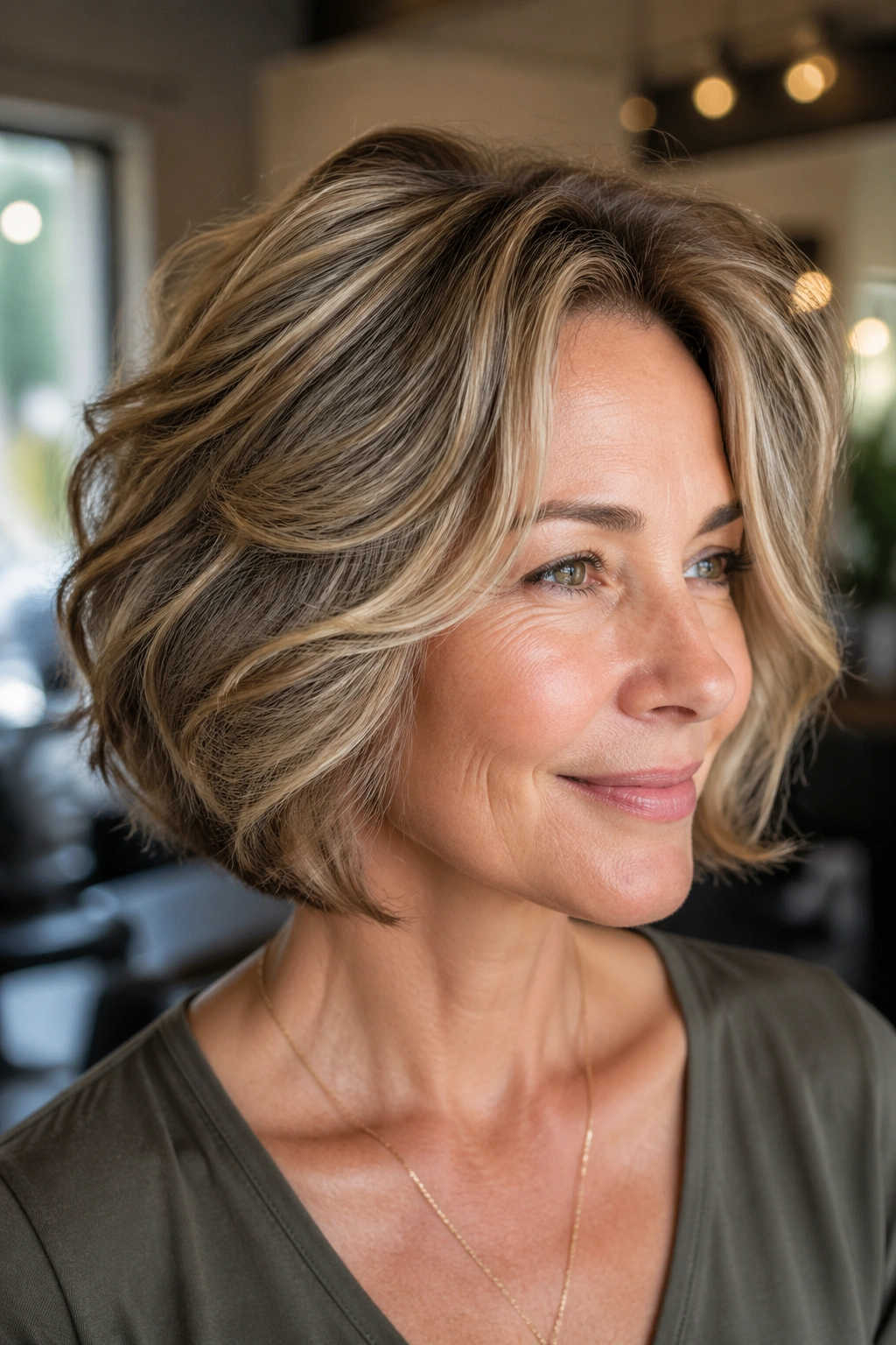 Close-up of a real woman with a feathered bob and crown layers under warm window light