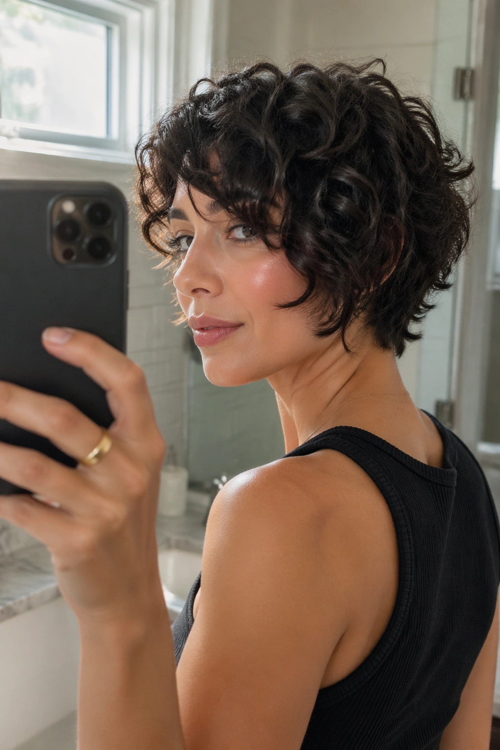 Feathered curly crop with side bangs in a mirror selfie