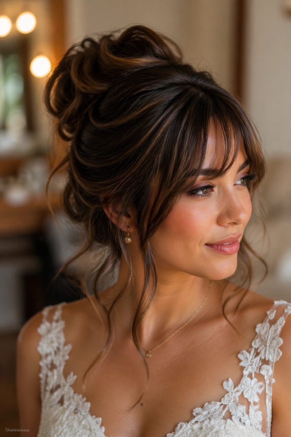 Close-up portrait of Romantic Half-Up Bun With Feathered Fringe on a real bride