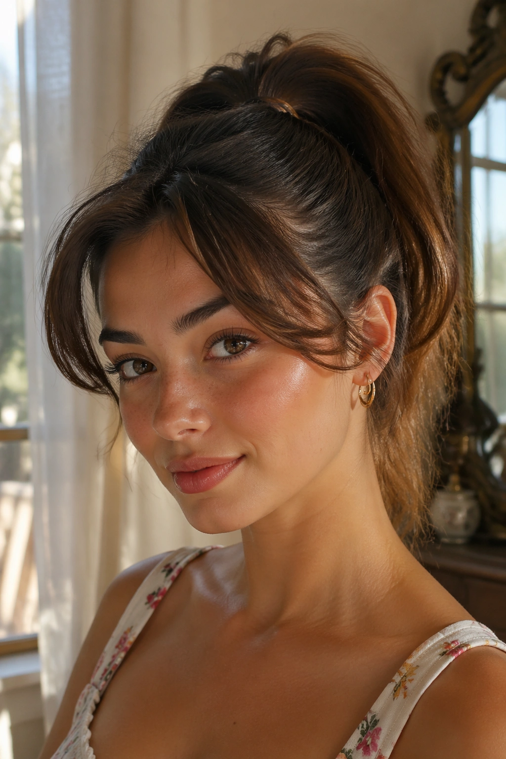 Close-up portrait of a real woman with feathered fringe and high ponytail
