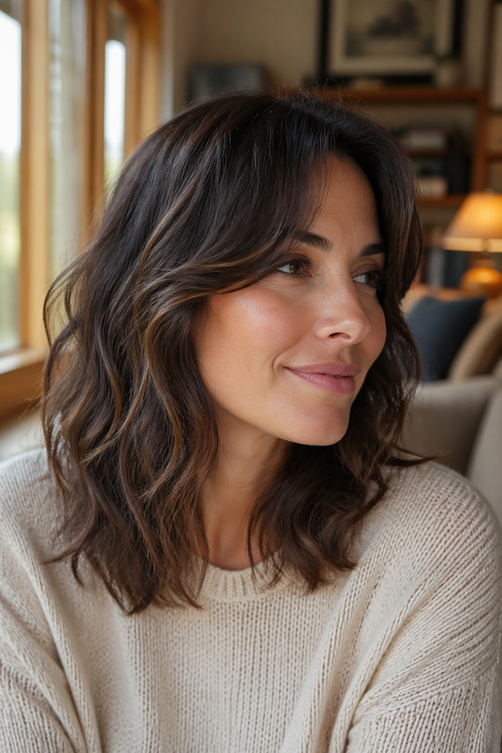 Close-up of brunette woman with feathered layers and fine waves in natural window light