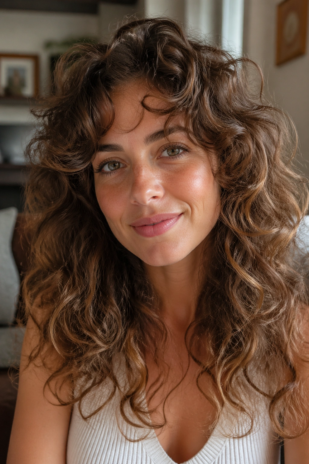 Close-up portrait of a real woman with feathered layers on fine curls, lifting and separating the curls.