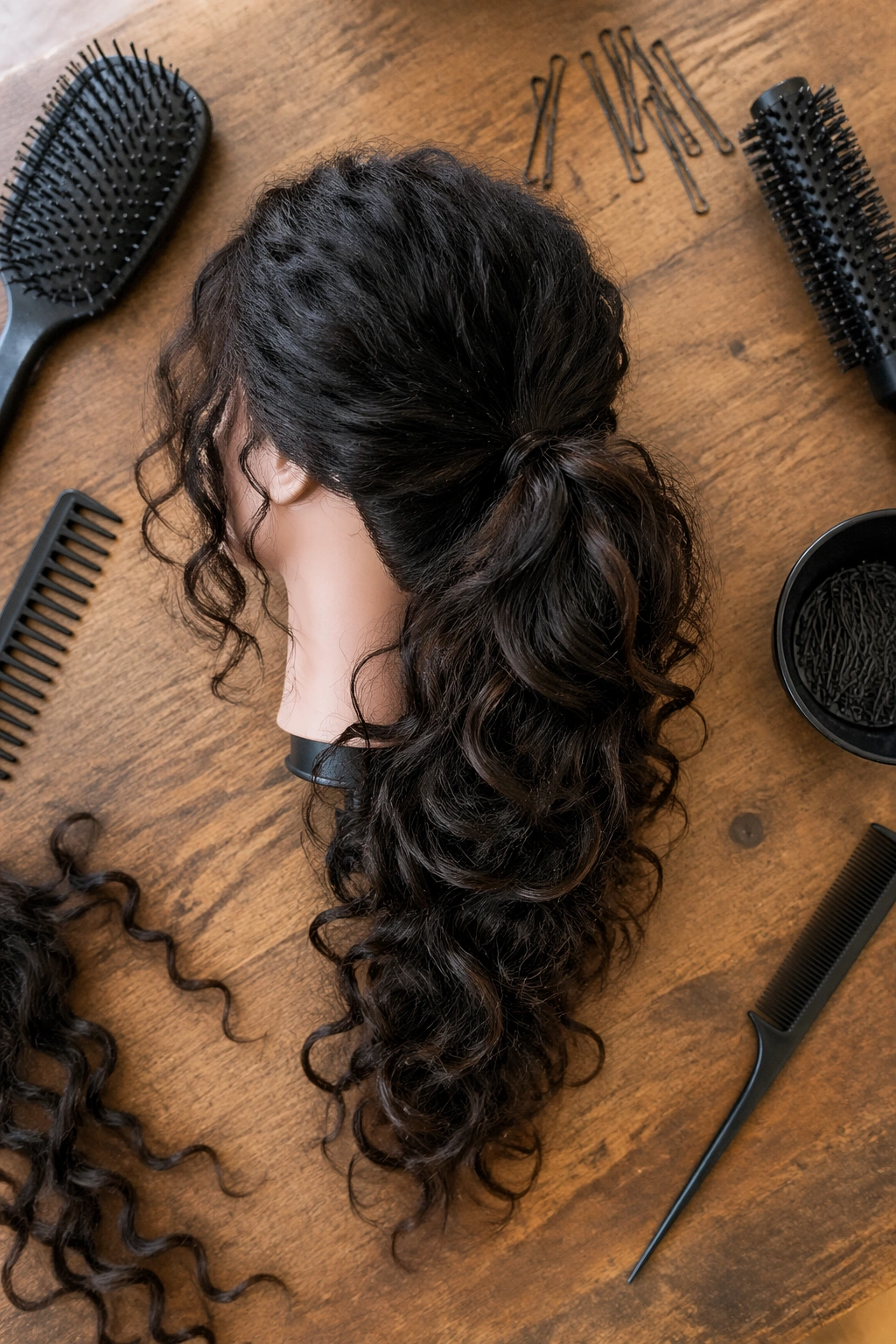 Overhead flat-lay of feathered curly layers in a mid ponytail with styling tools.