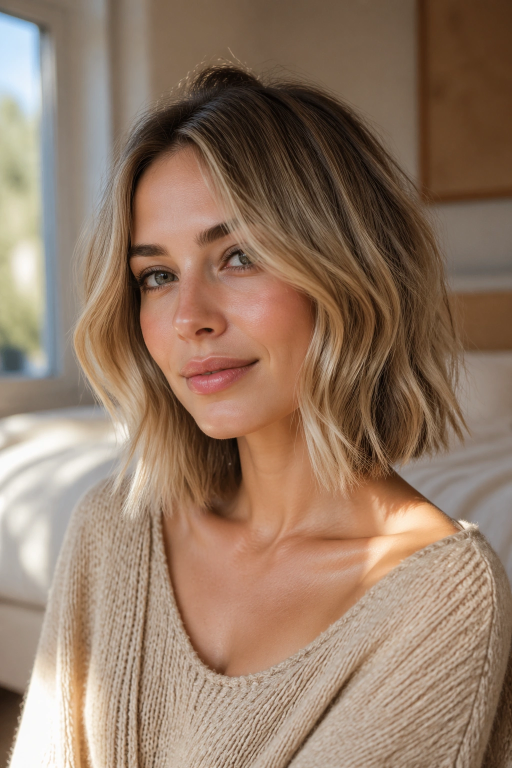 Close-up portrait of a real woman with feathered face-framing lob and soft waves near the jaw