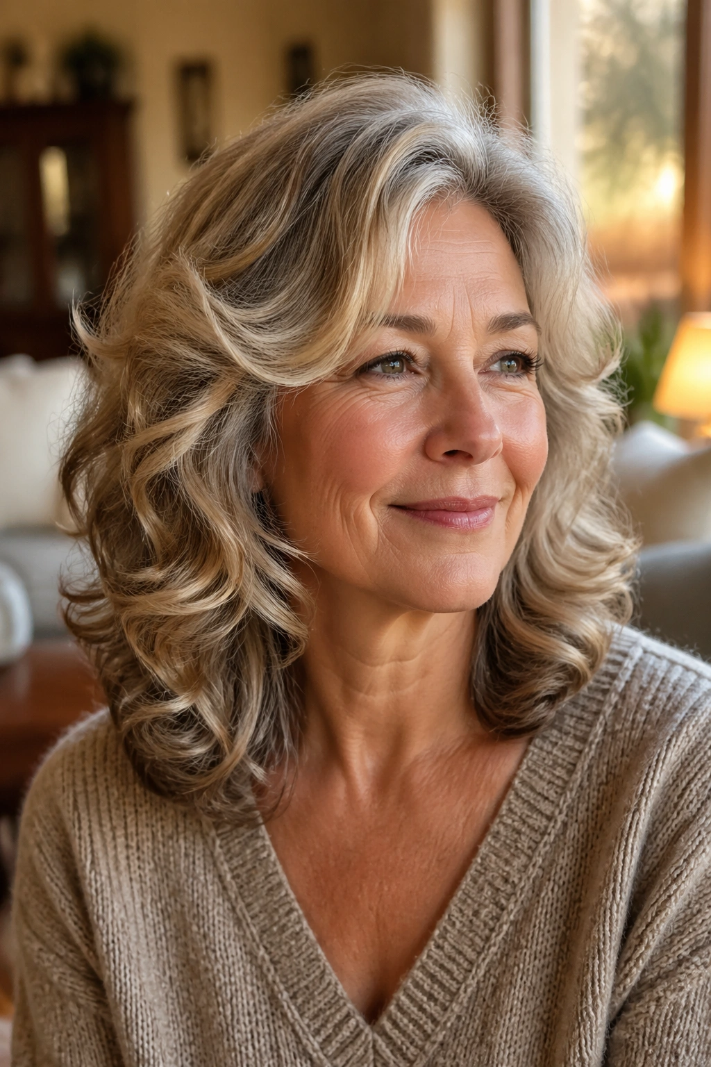 Close-up of a real woman with a feathered mid-length wavy cut under natural window light