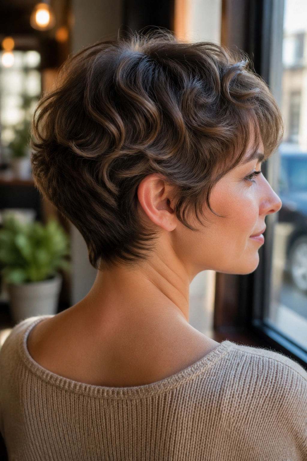 Close-up of a real woman's feathered nape pixie with neat neckline