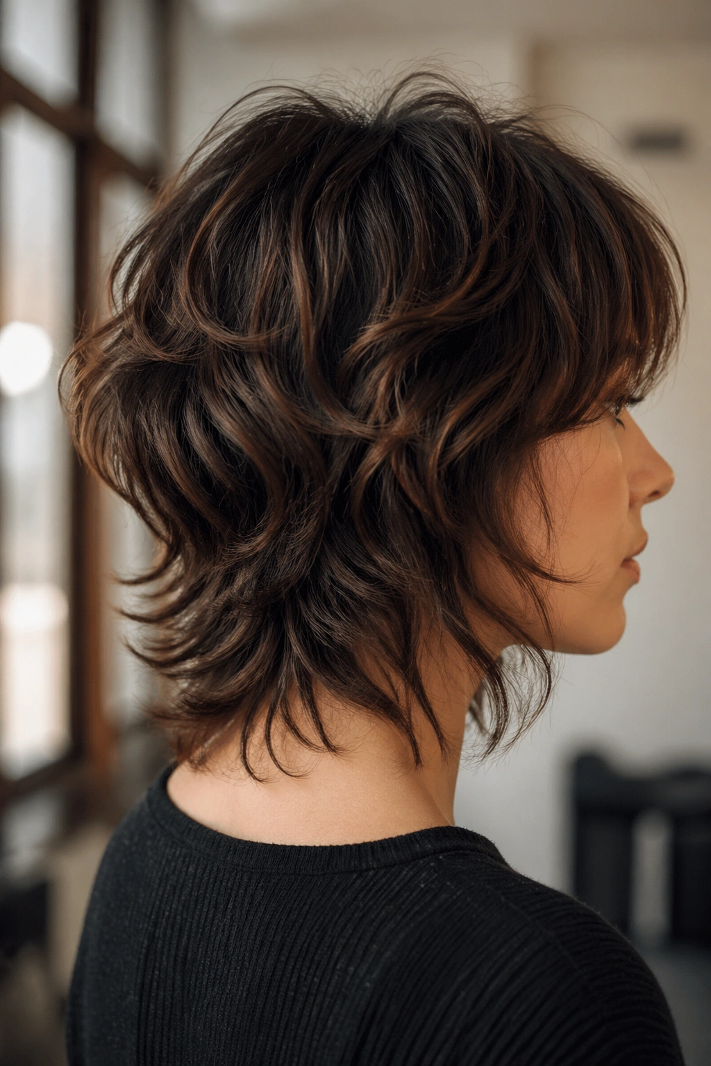 Side-profile of real person with feathered nape shag showing lifted back at nape