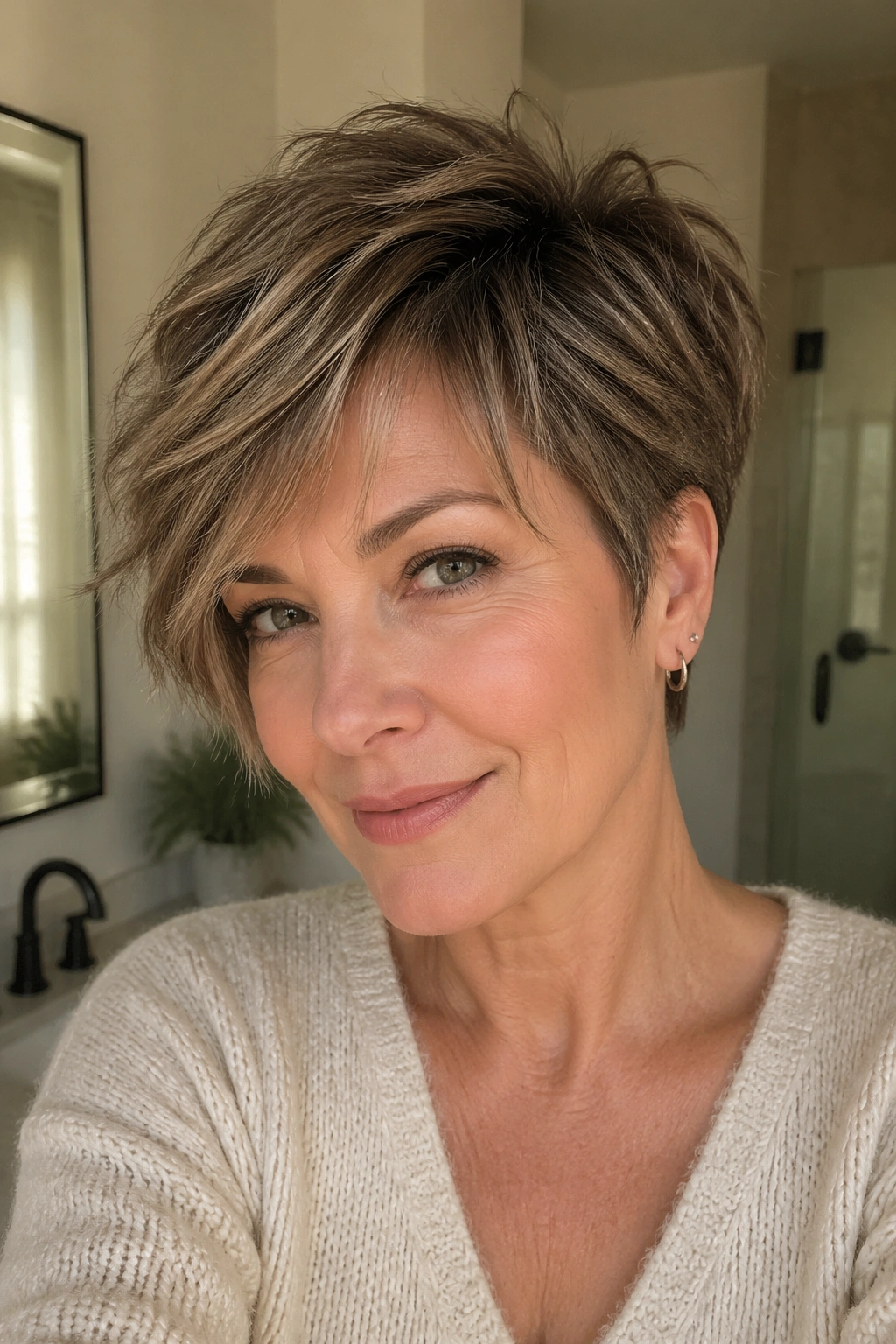 Close-up portrait of a real woman with a feathered pixie and side-swept fringe