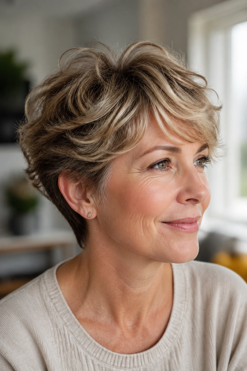 Close-up of a real woman with feathered pixie and fine waves in natural light