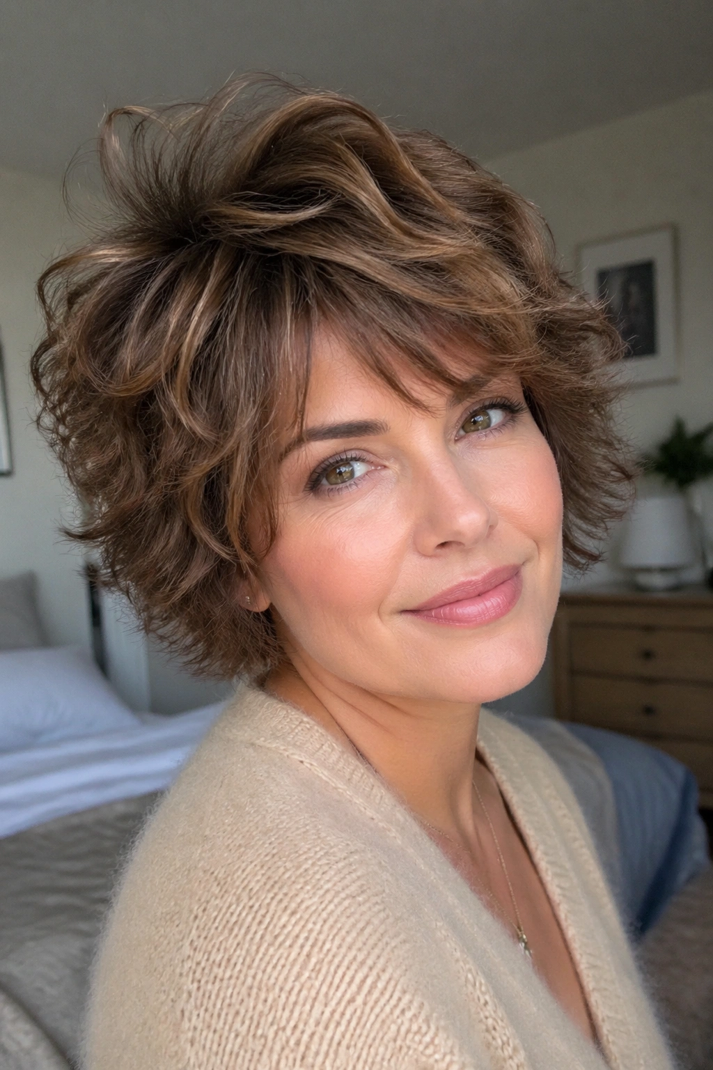 Close-up of a real woman with feathered layers and lifted crown in soft window light