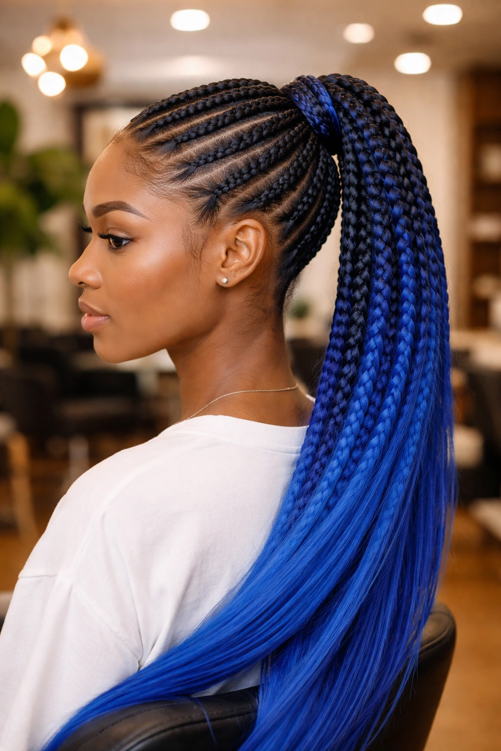 Portrait of a real person with feed-in blue braids forming a neat ponytail in a salon setting.