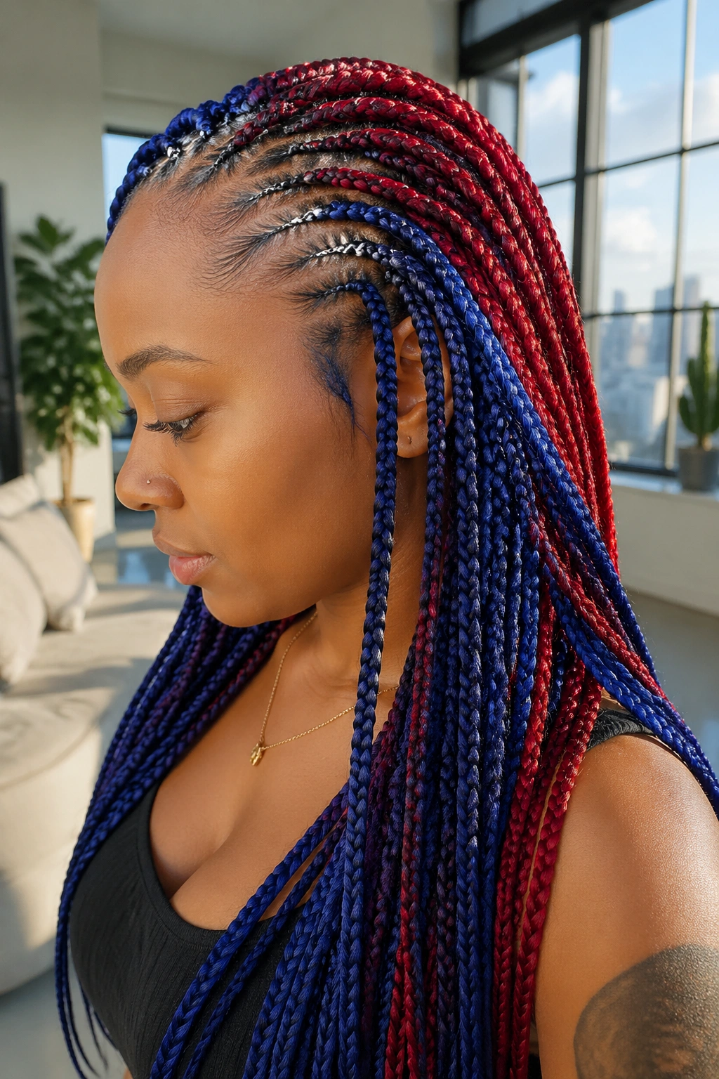 Close-up of real person with feed-in blue and red streak braids