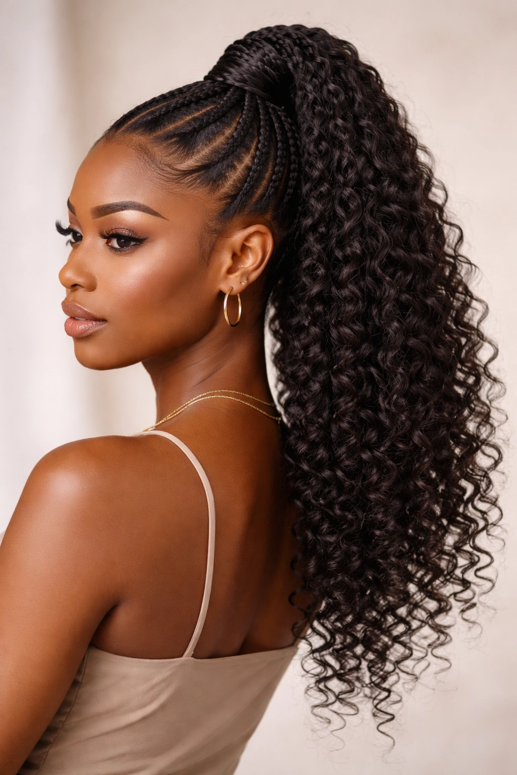 Feed-in braided high pony with curly ends and a smooth transition.