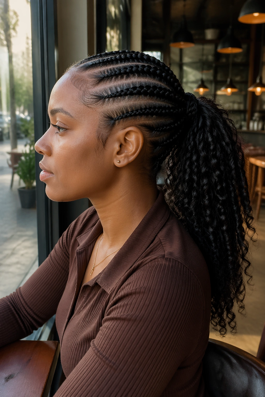 Side profile of feed-in stitch braid ponytail with curly tail.
