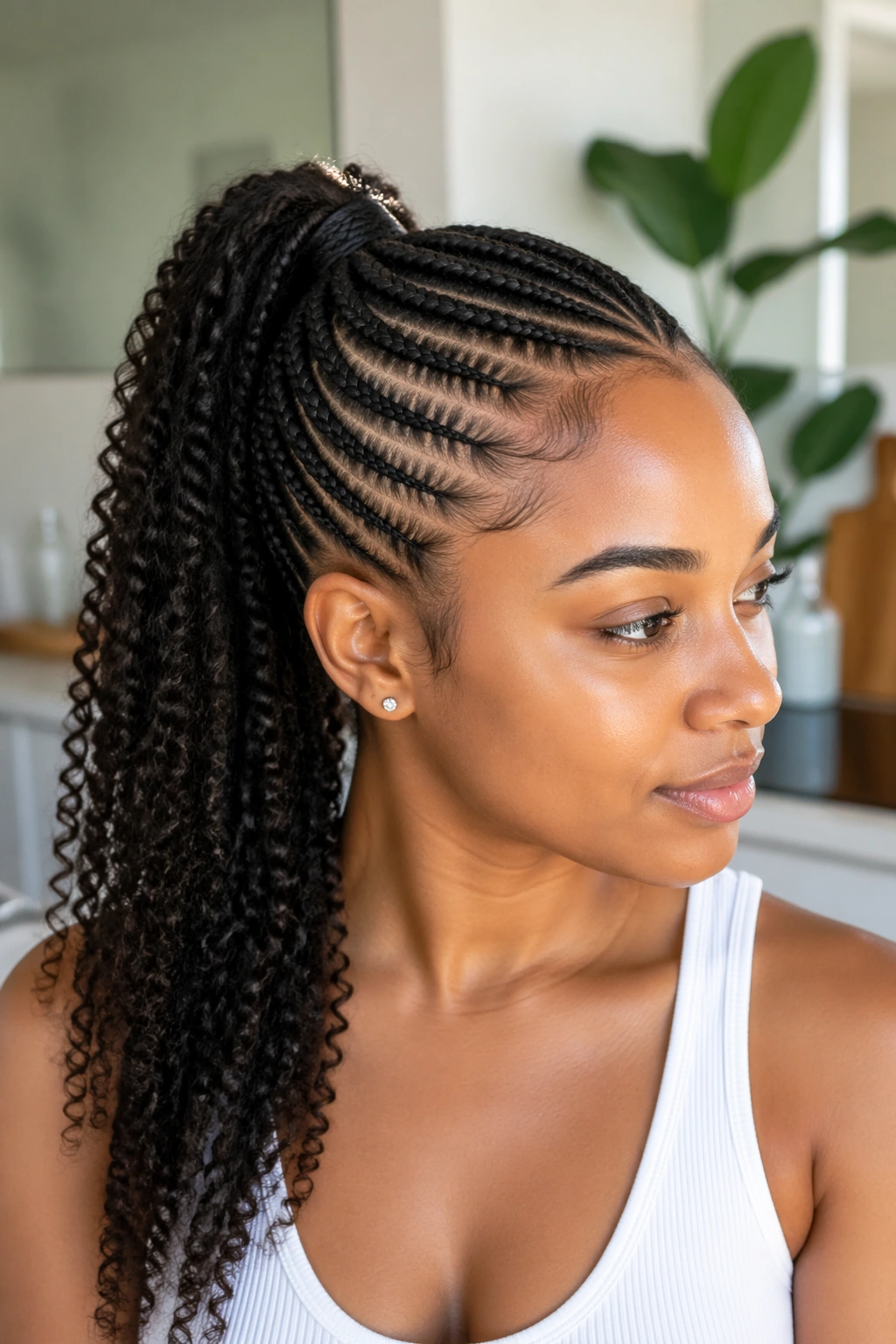 Close-up of a real woman with feed-in braids forming a ponytail