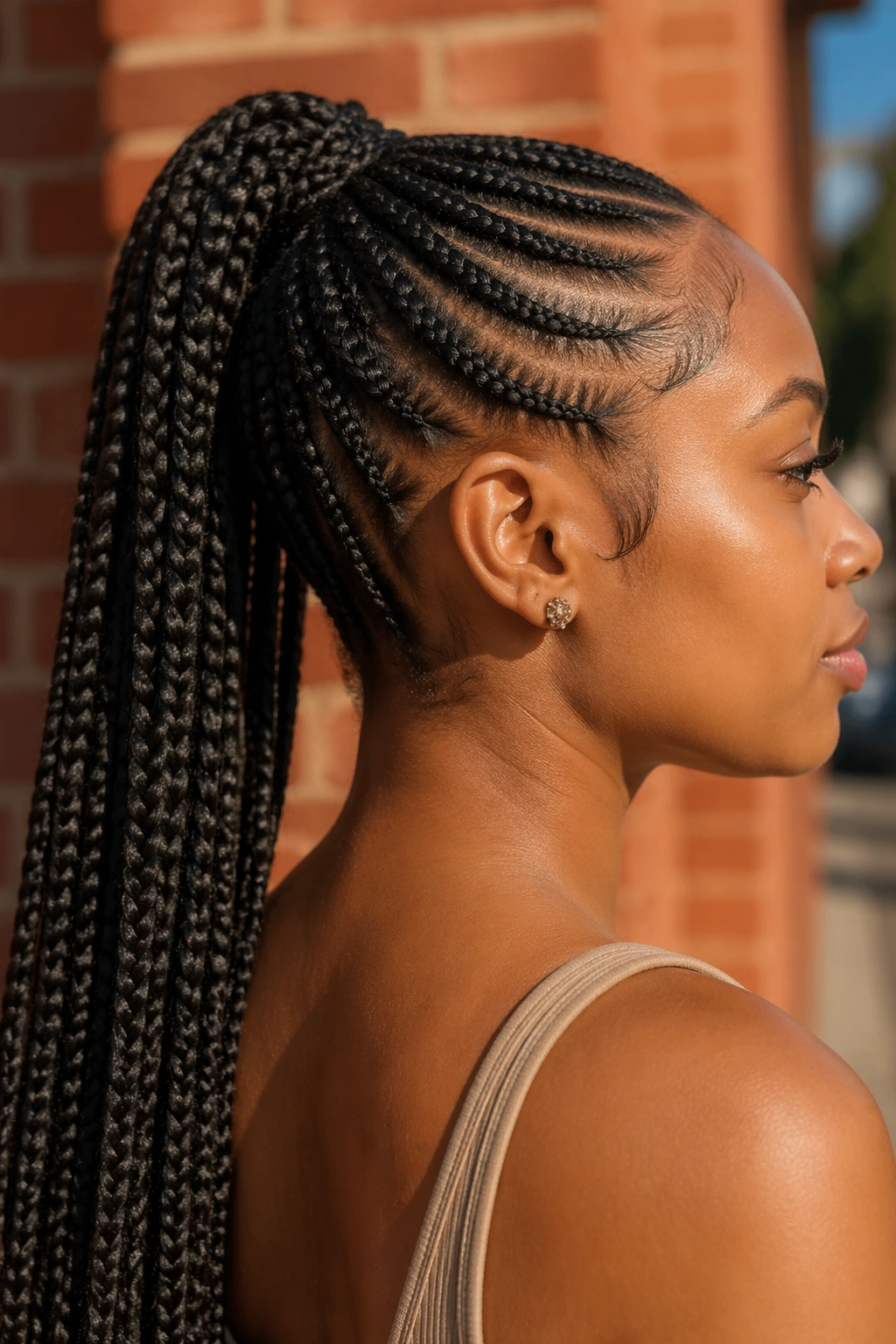 Real woman with feed-in braid ponytail showing gradual thickening of braids