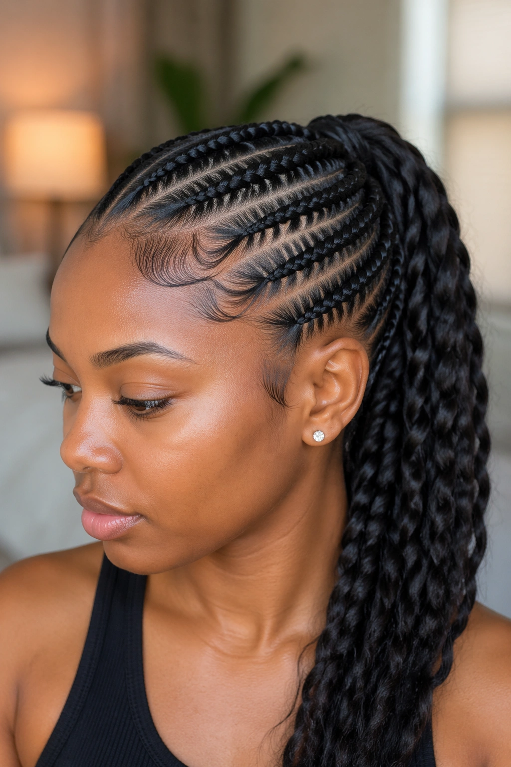 Real woman with feed-in braid showing gradual extension into the ponytail