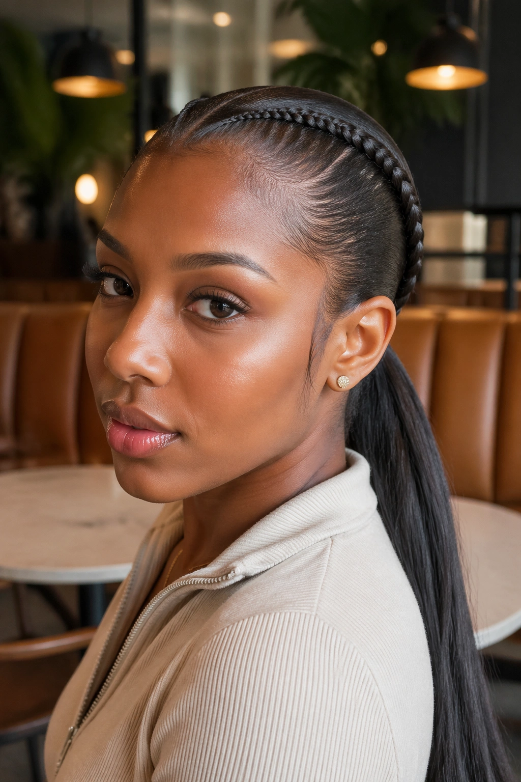 Close-up of a real woman's Feed-In Braid Into Low Ponytail with seamless transition