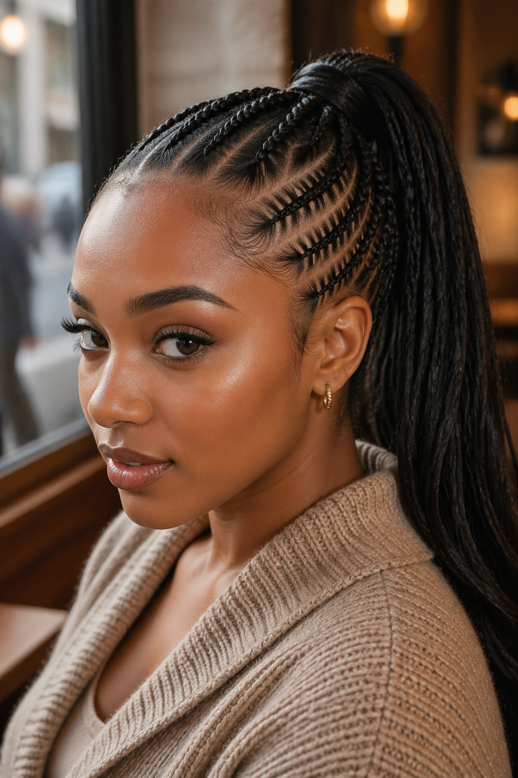 Close-up portrait of a real woman with a feed-in side braid ponytail highlighting the tapered braid at the hairline.