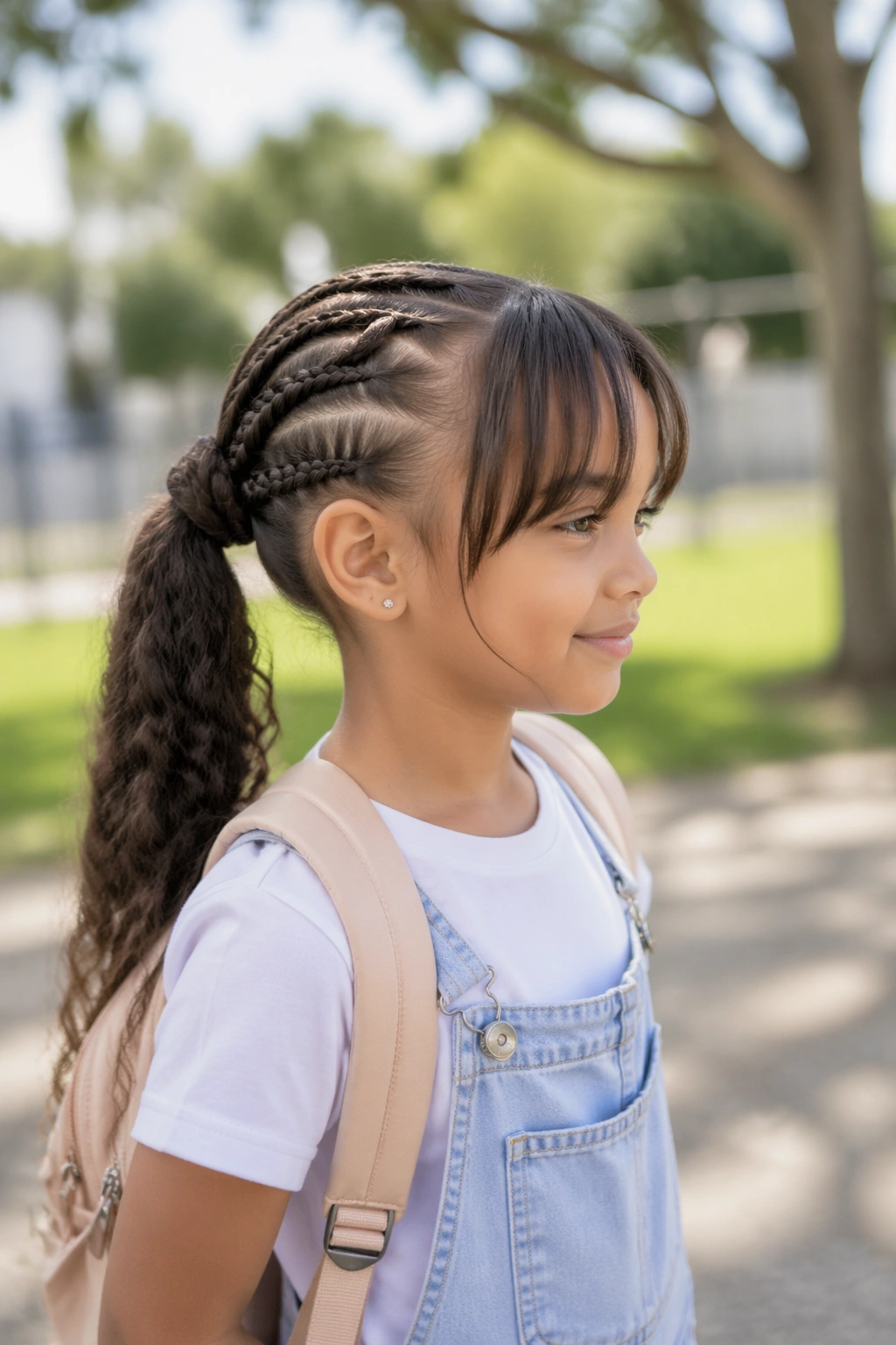 Side profile of feed-in braid ponytail with curtain bangs