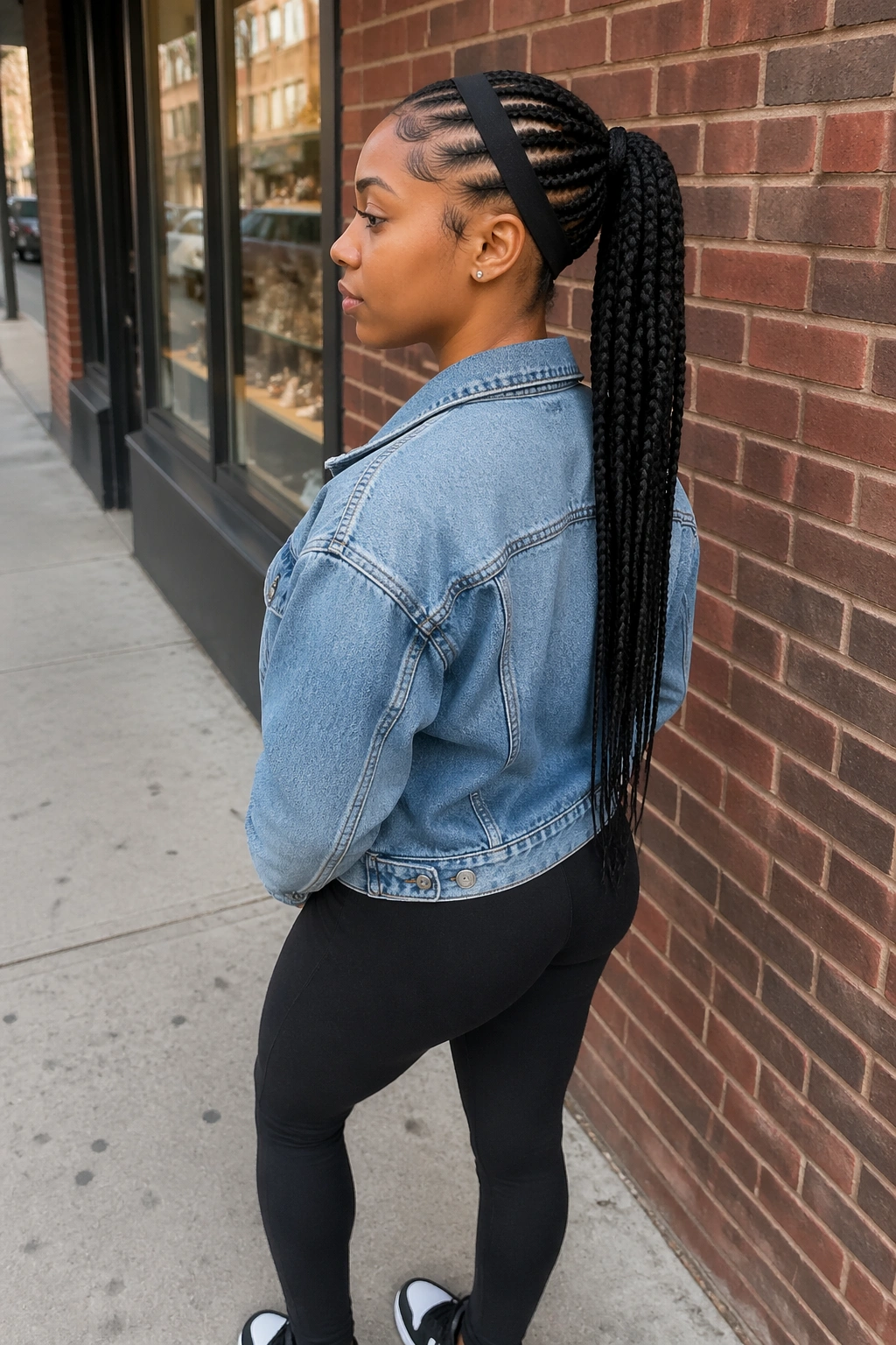Hero shot of a feed-in braid ponytail with a slim black headband on a city street.