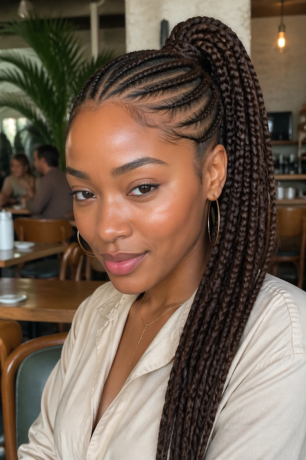 Real woman with feed-in brown braid ponytail, close-up portrait