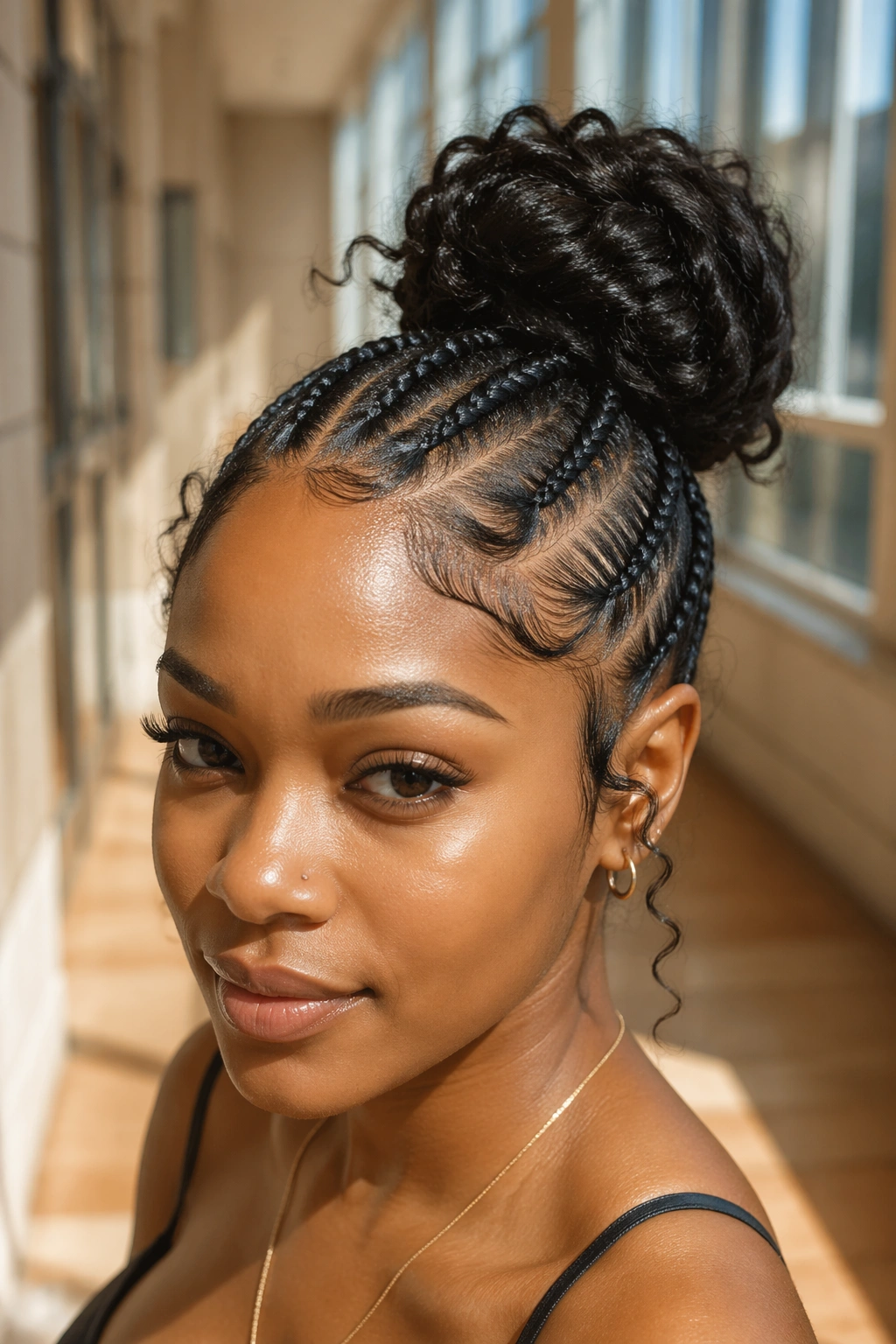 Close-up of feed-in braid ponytail bun on a real woman in natural light