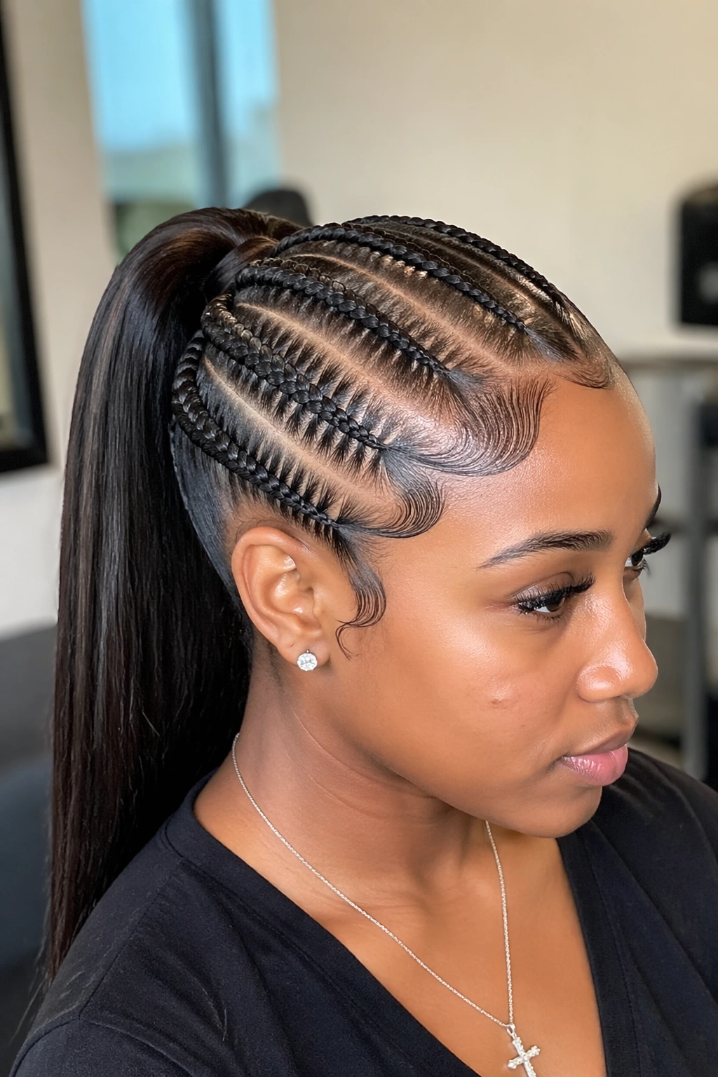 Close-up portrait of a real woman with a classic straight-back feed-in ponytail and neat edges