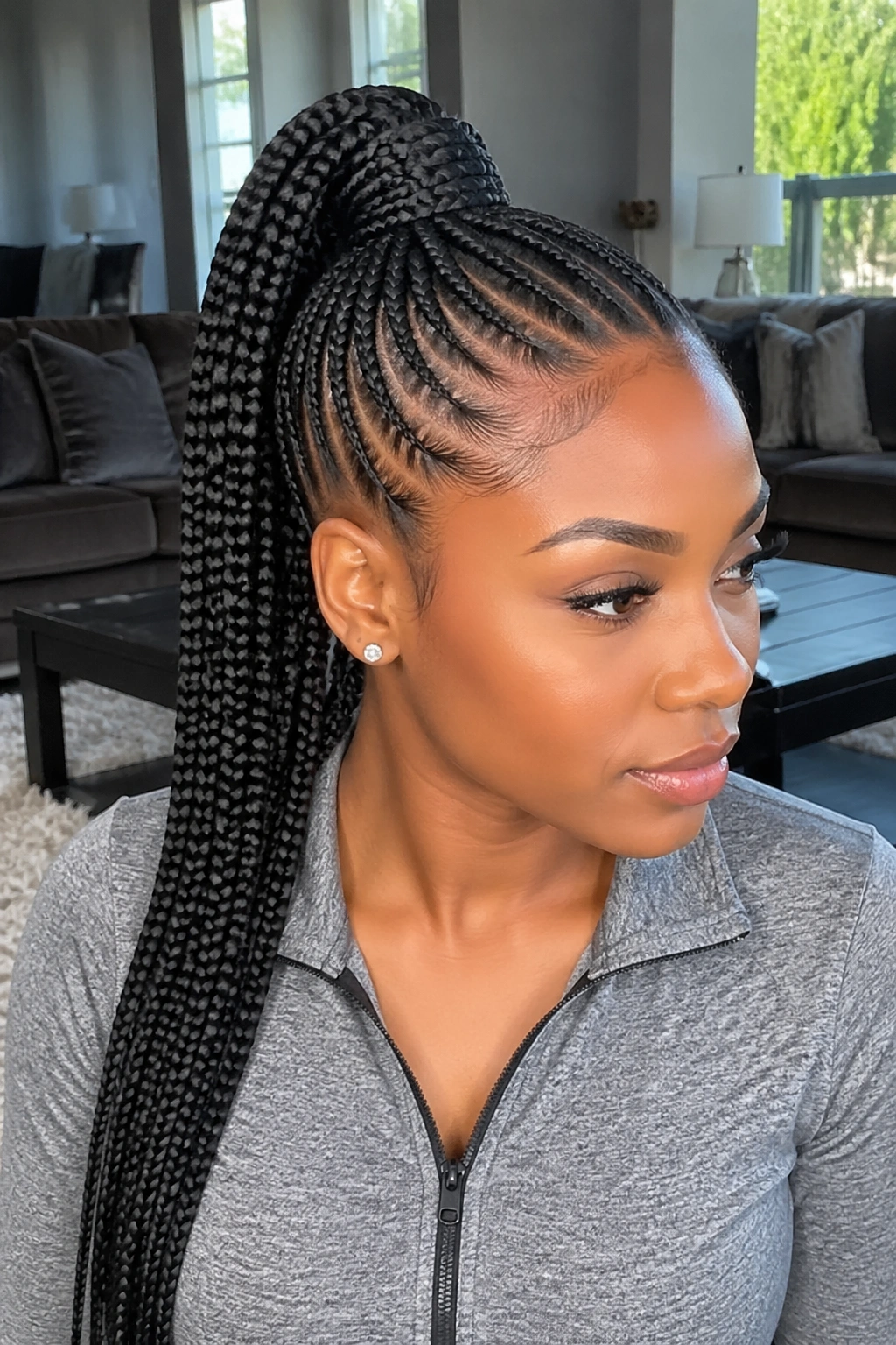 Real woman with a seamless feed-in braid blending into a high ponytail.