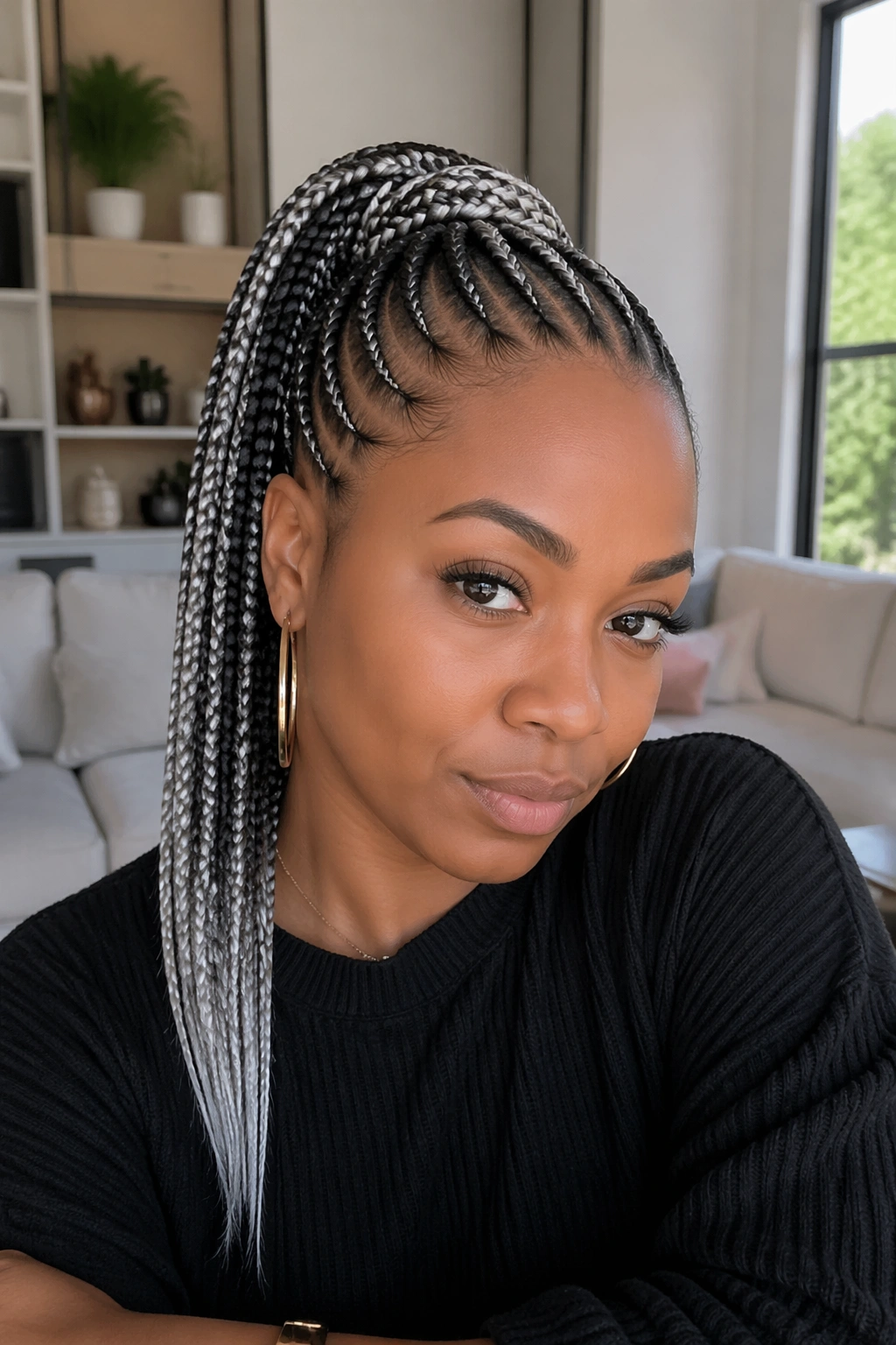 Close-up of a real woman with a feed-in braid ponytail.