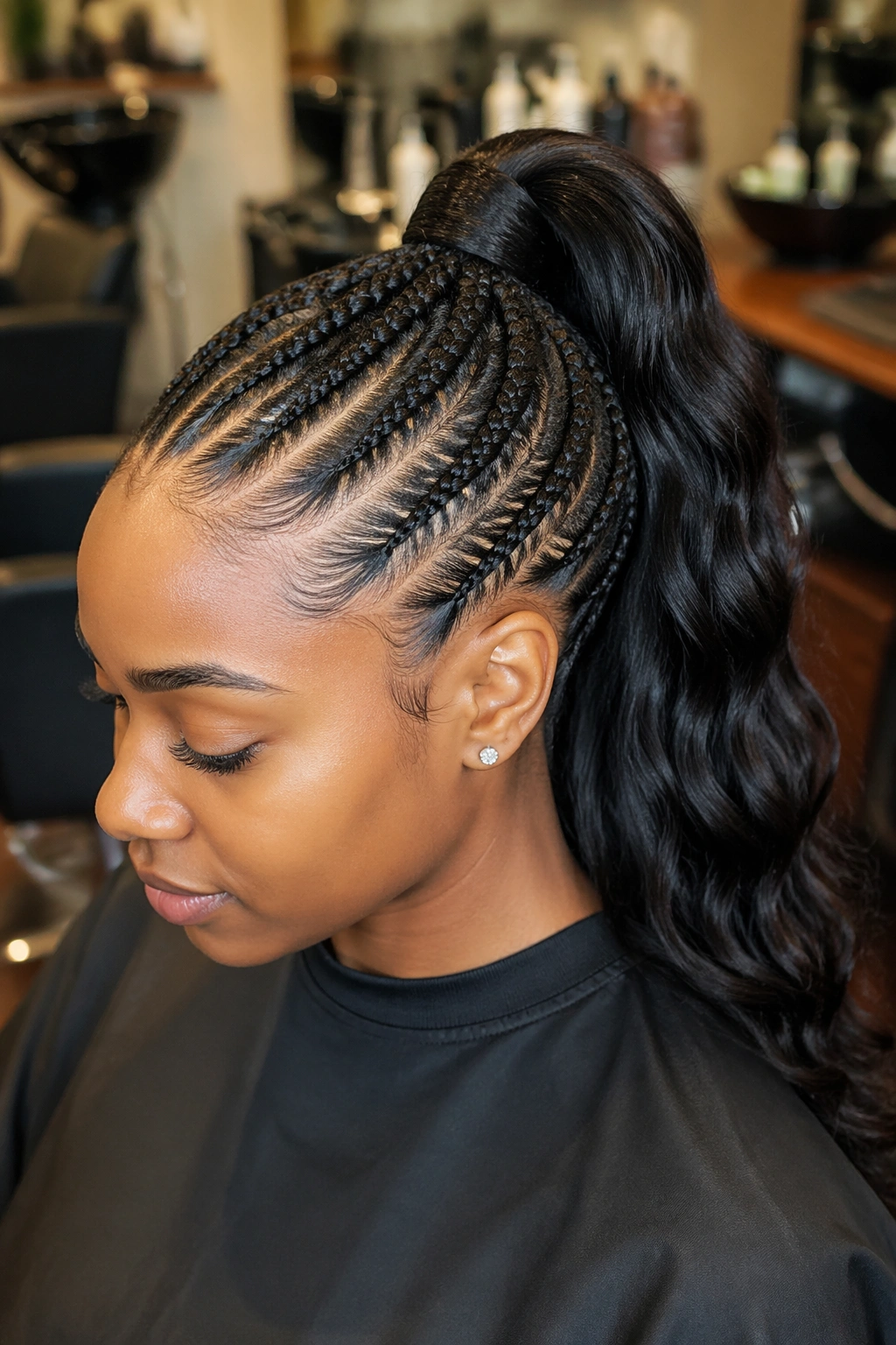 Close-up portrait of a real woman with a feed-in braid blending into a half up weave ponytail