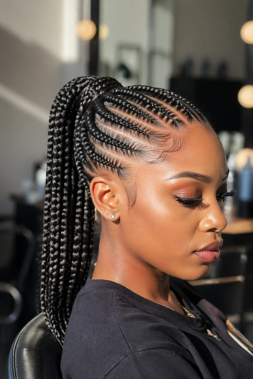 Close-up of a real woman with a feed-in braided ponytail in a sunlit salon