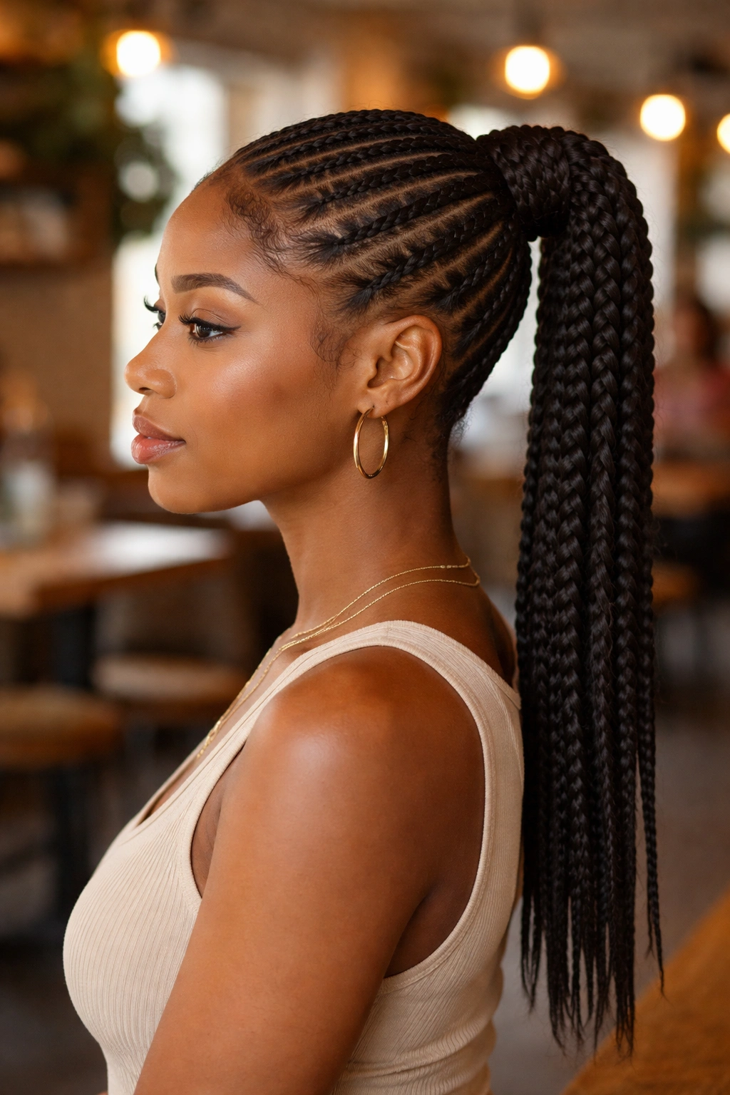 Side profile of a real woman with a feed-in braided ponytail and neat braids along the scalp.