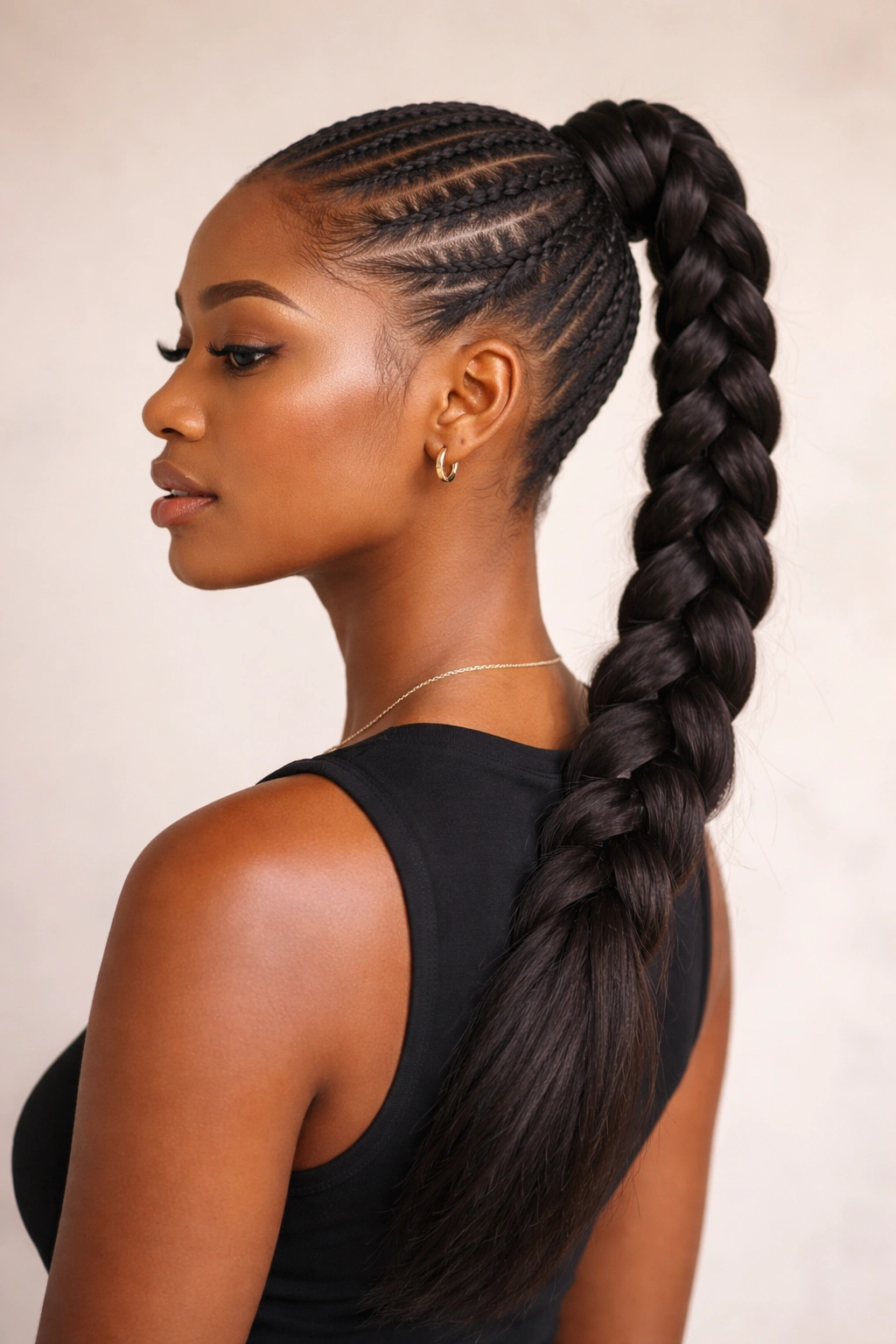Three-quarter view of a feed-in French braid starting thin and thickening with extensions