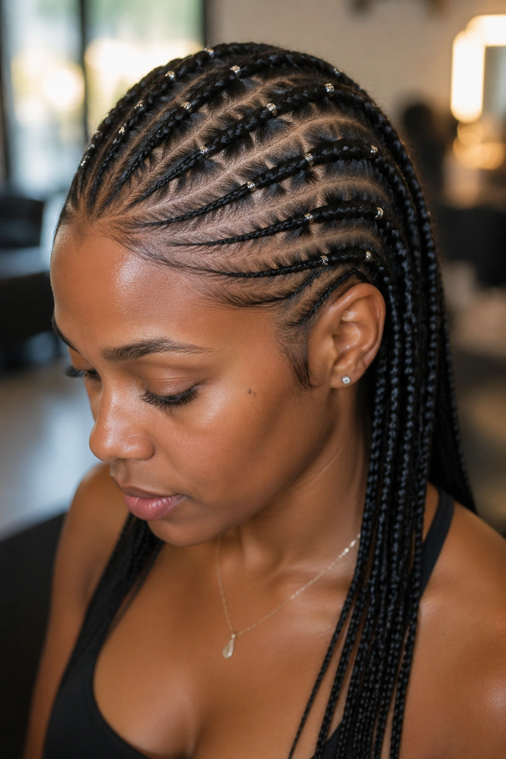 Close-up of a real woman's head showing feed-in stitch braids with small beads at ridge points along the scalp
