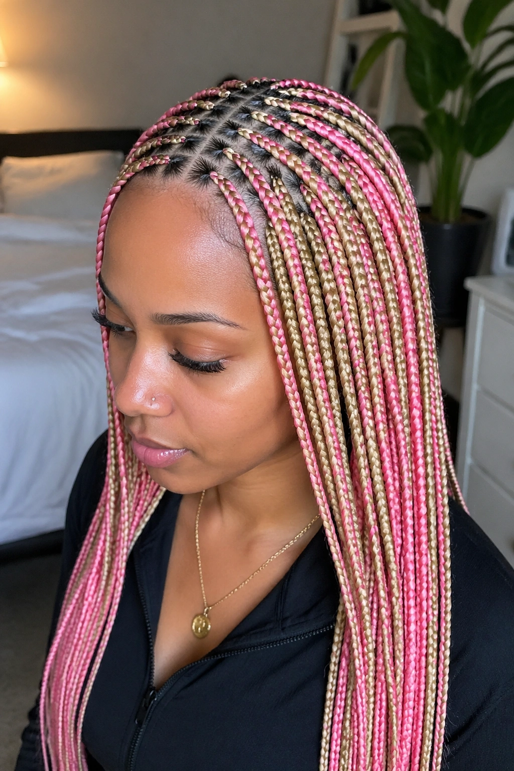 Close-up of real woman with small alternating blonde and pink feed-in braids