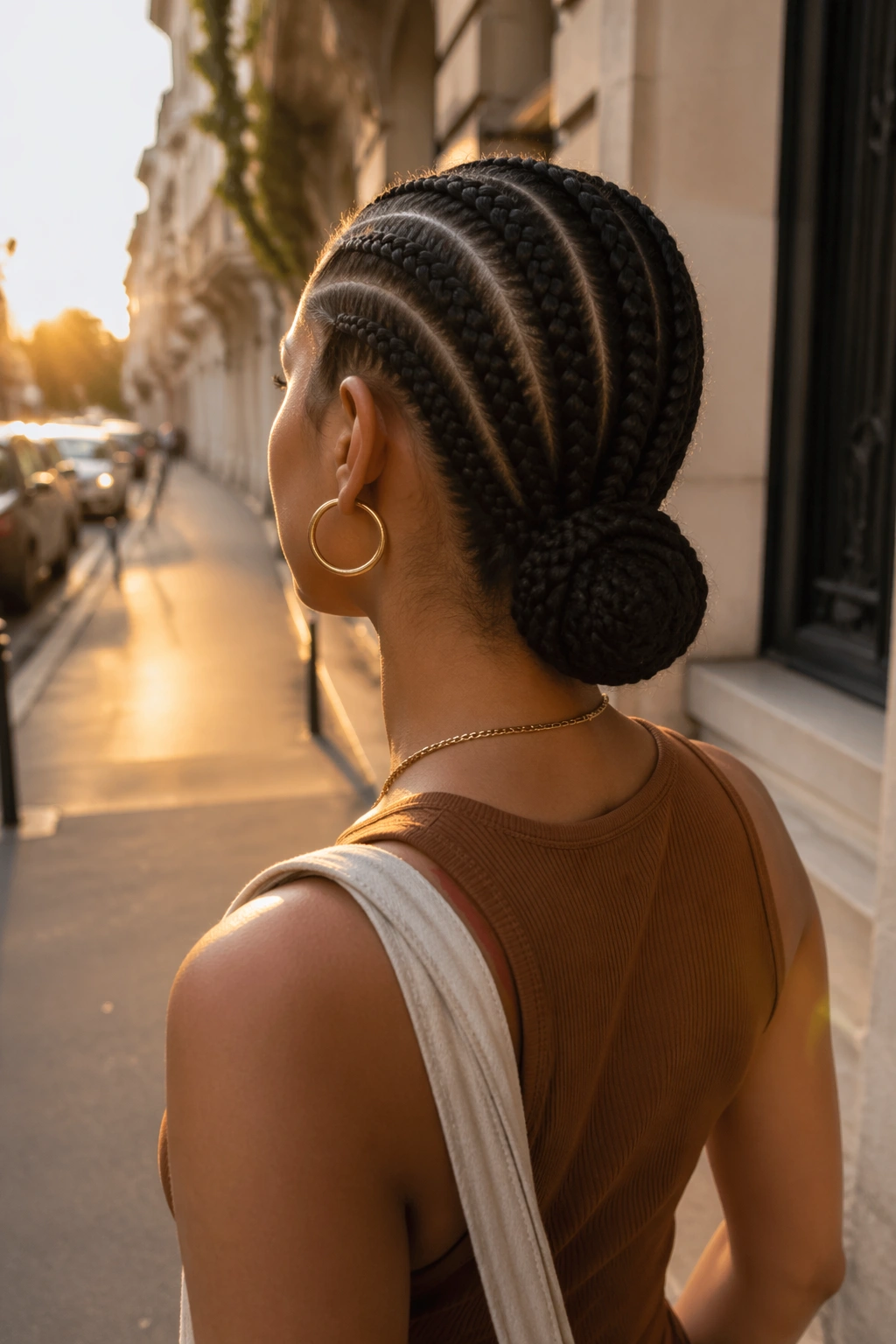 Three-quarter back view of feed-in cornrows into a low bun outdoors.