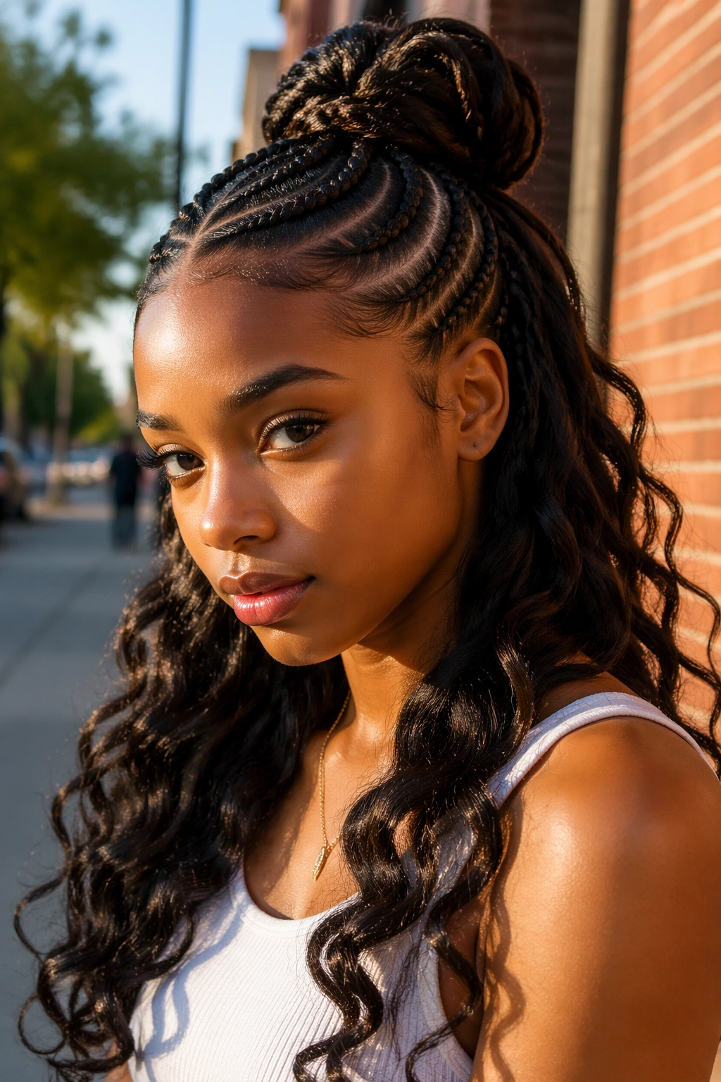 Close-up of a real Black woman with feed-in braids into a half bun