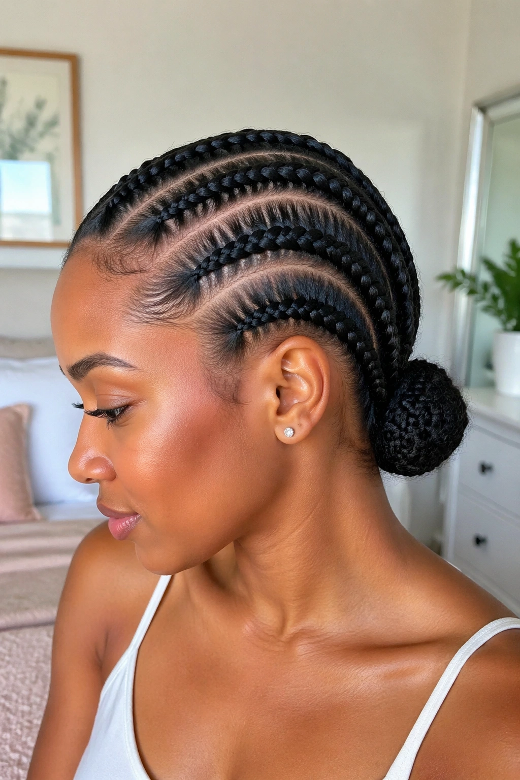 Close-up of a real woman with feed-in braids forming a low bun