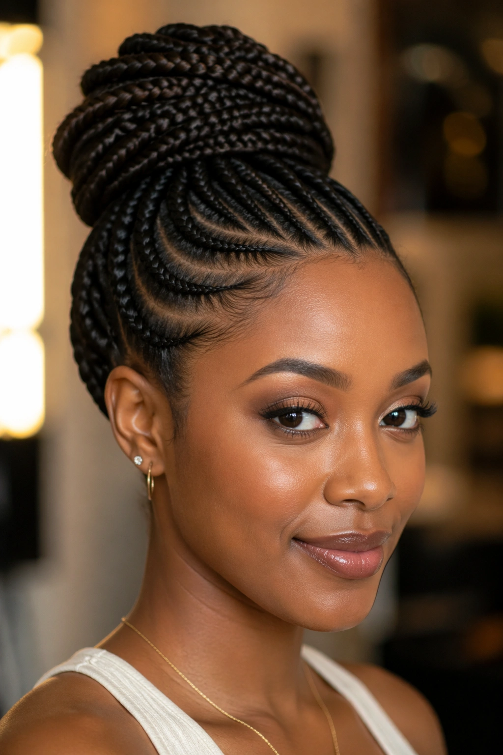 Close-up portrait of a real Black woman with feed-in braids into a high bun