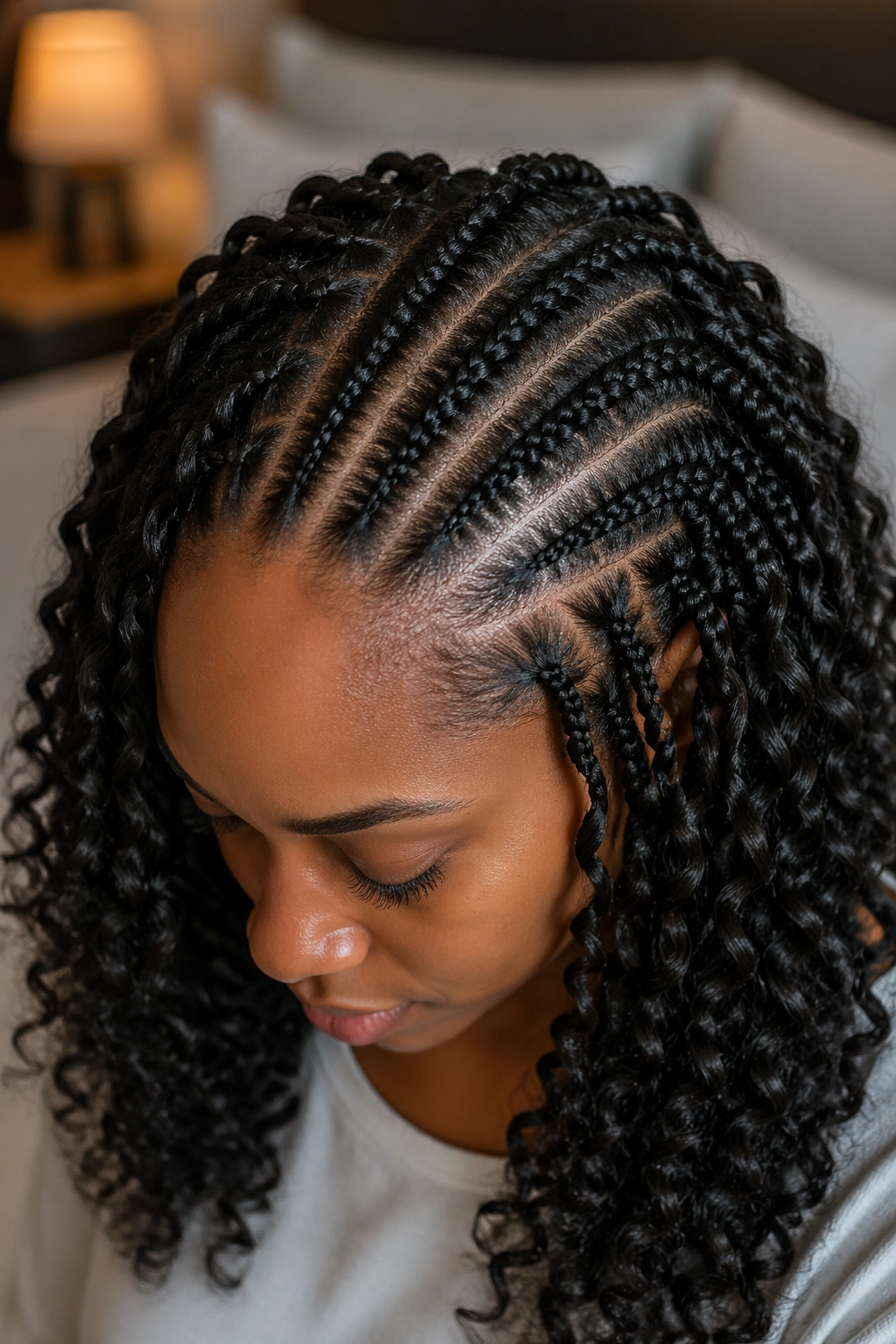 Close-up of feed-in curly box braids showing smooth base and natural root blending on a real person.