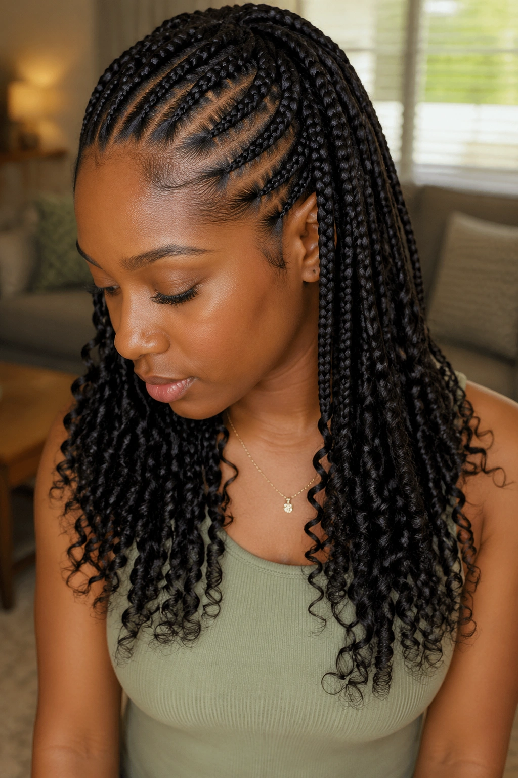 Close-up of a real woman with feed-in braids and curly ends.