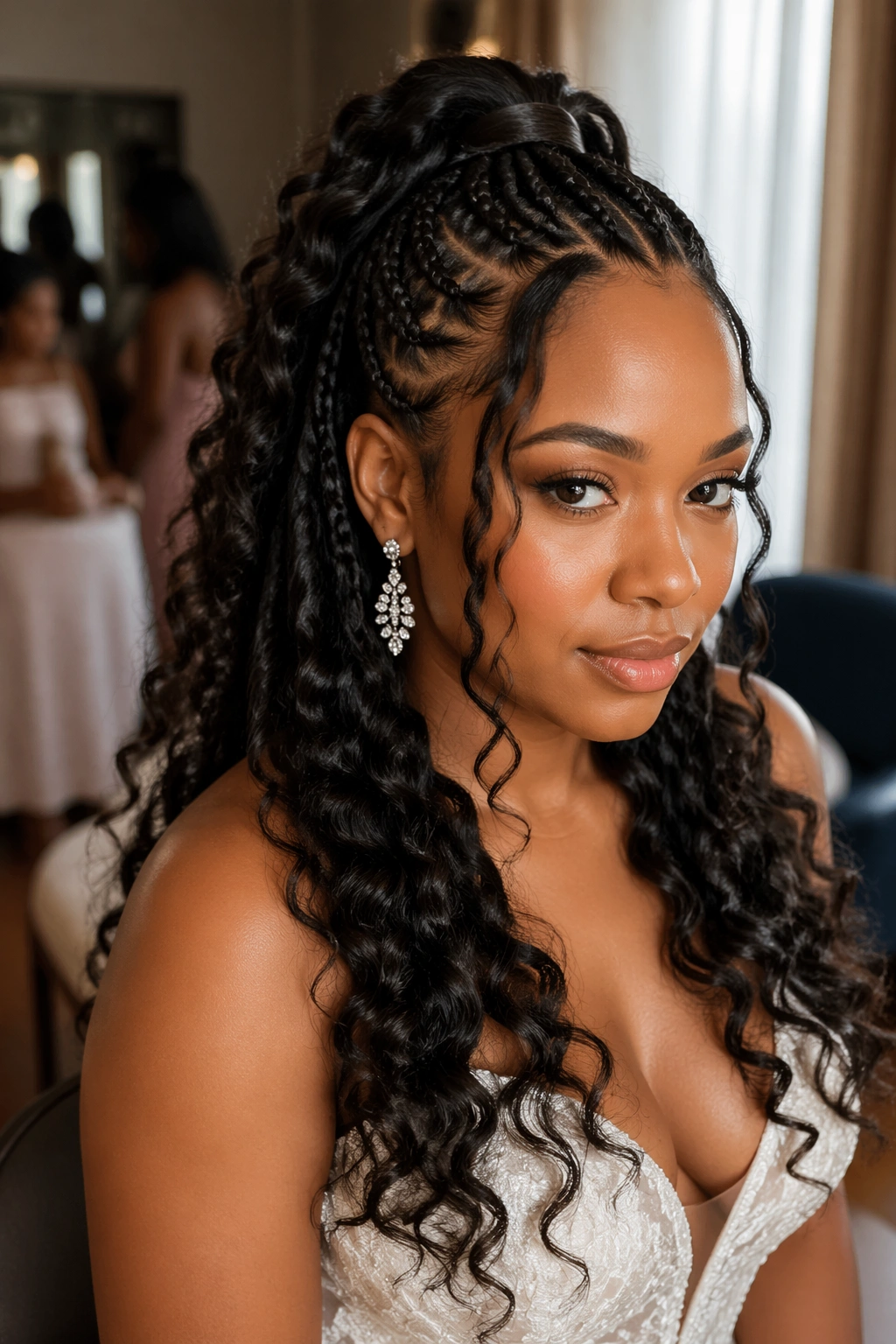 Close-up of a real Black woman with feed-in braids and weave curls