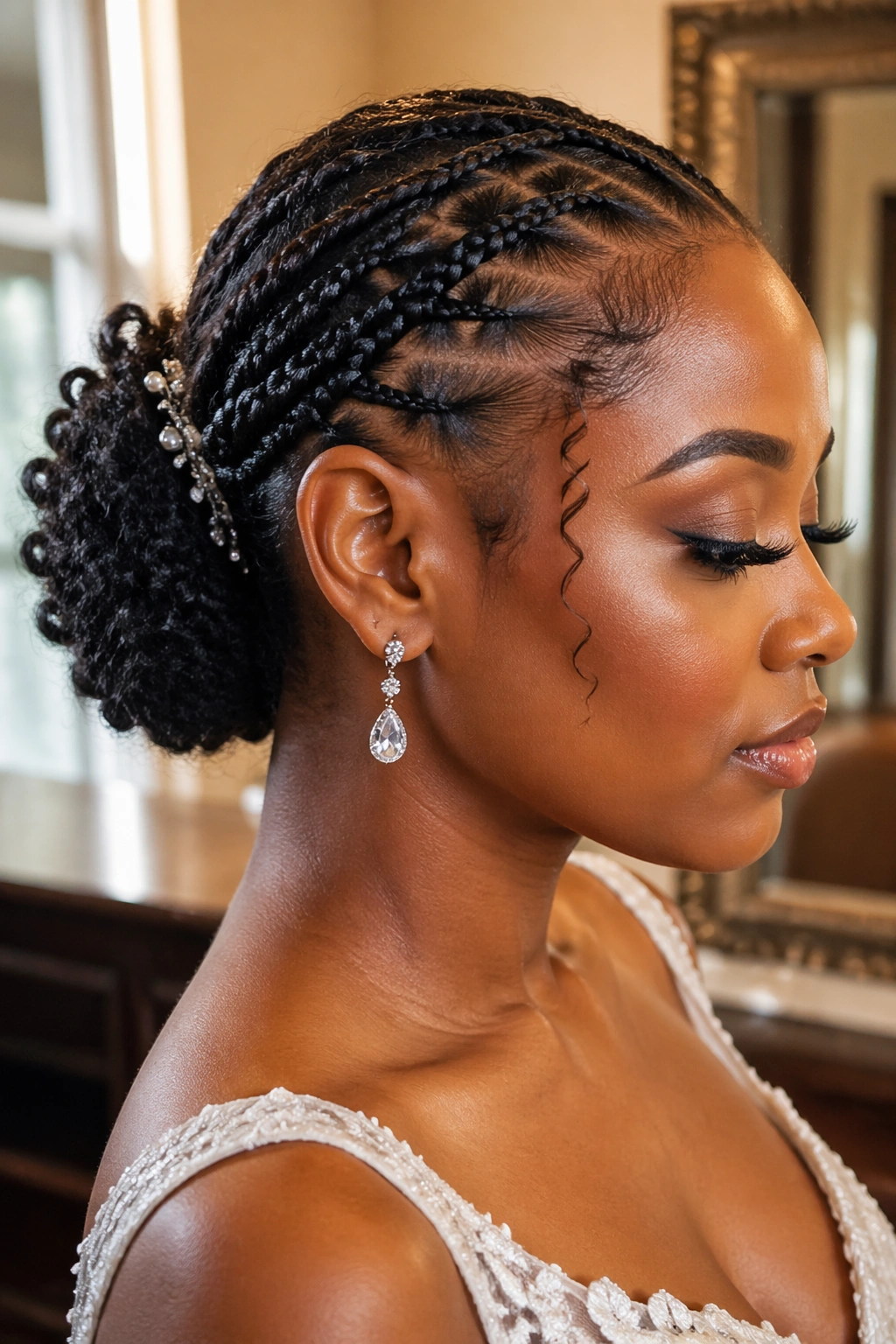 Close-up portrait of a real woman with feed-in braids into a curly bun