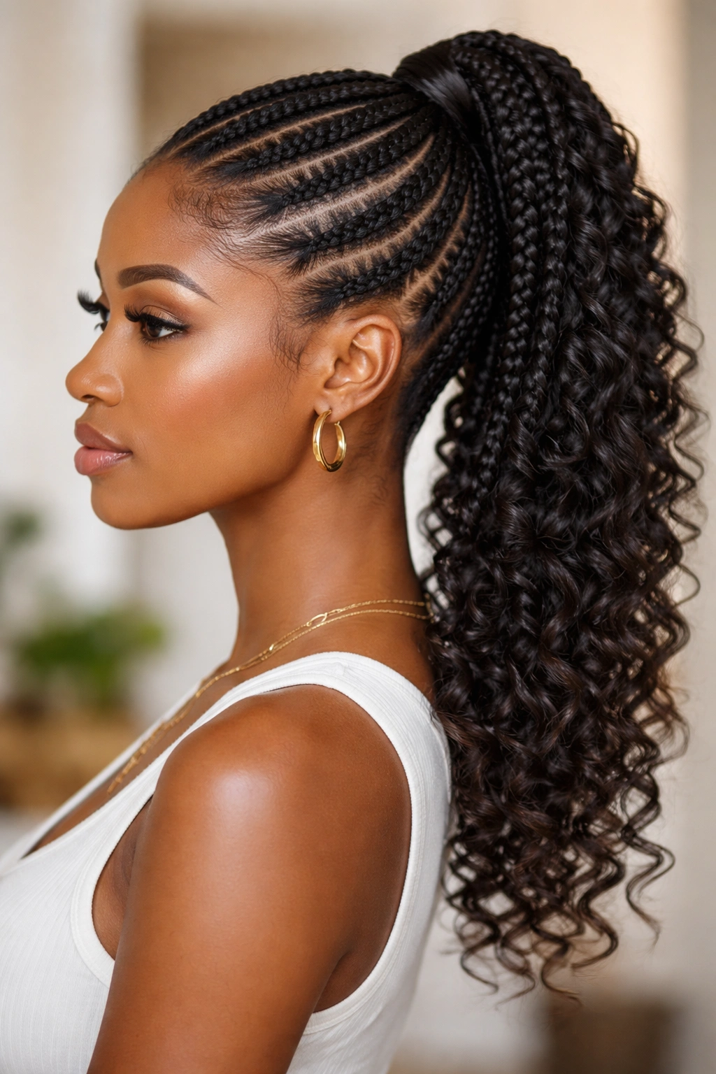 Feed-in braids with curly ends showing tapered scalp start and curly tips.