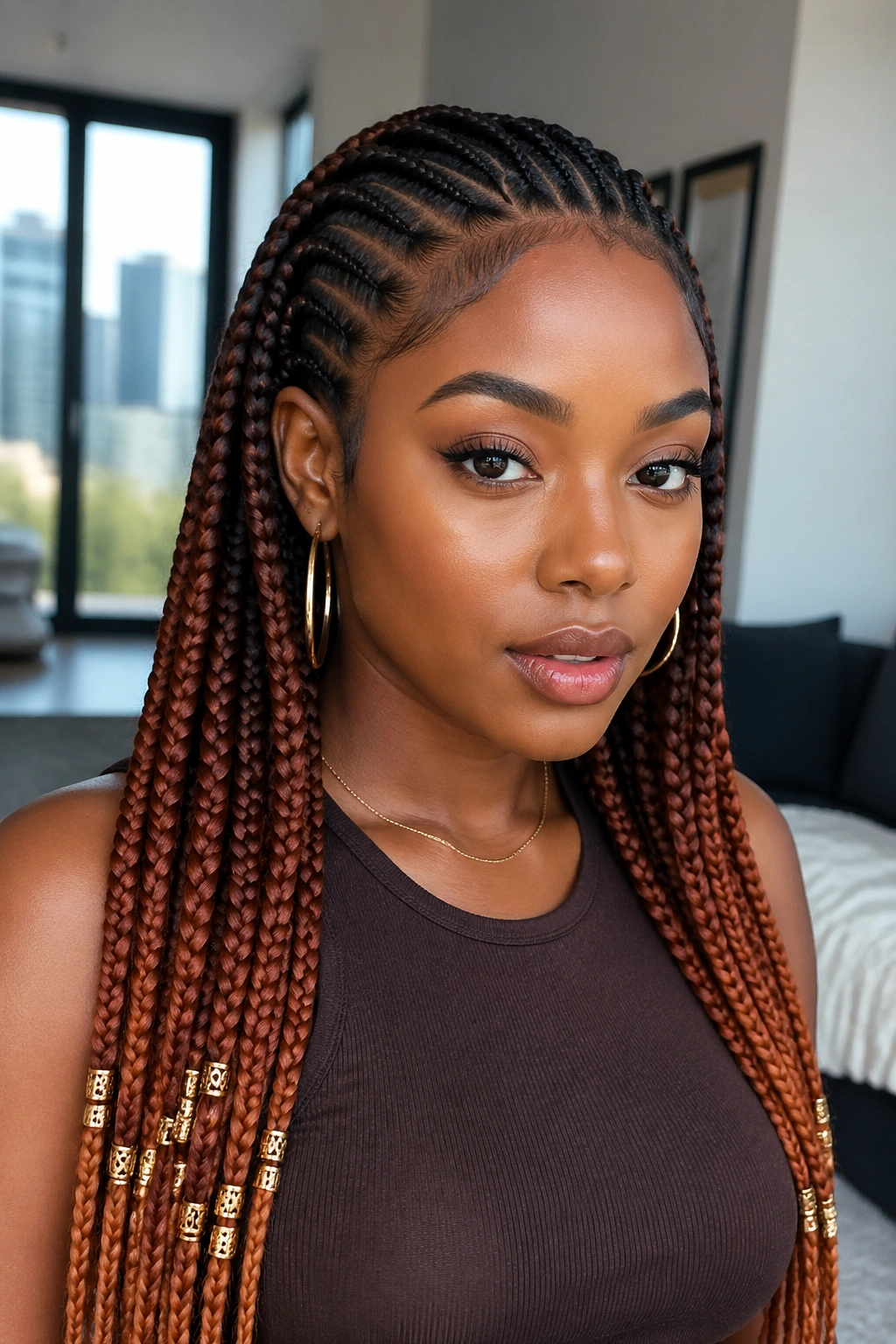 Close-up portrait of a woman with sleek feed-in box braids in espresso and rust with gold accessories