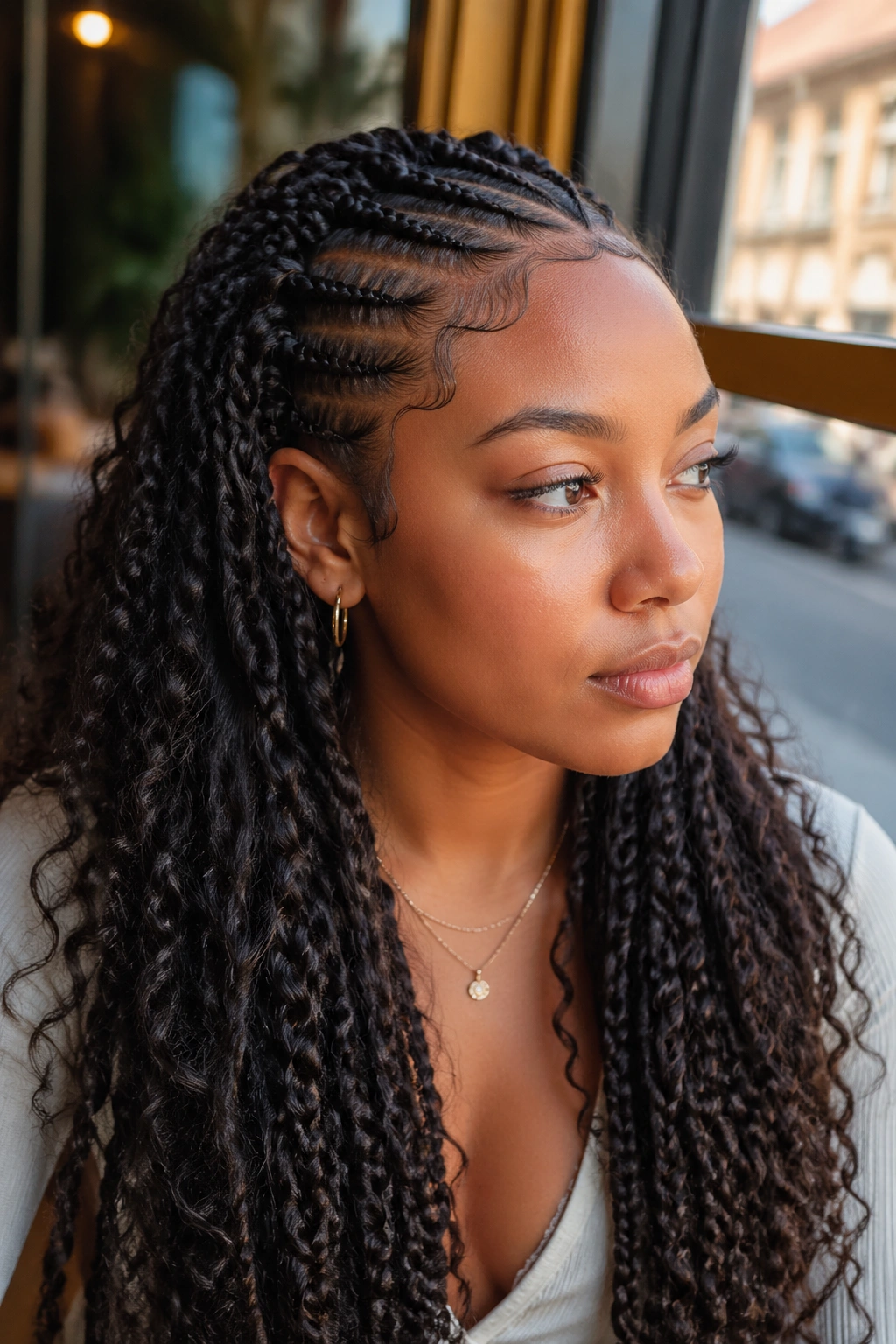 Close-up of feed-in front-detail goddess box braids at the hairline in cafe light